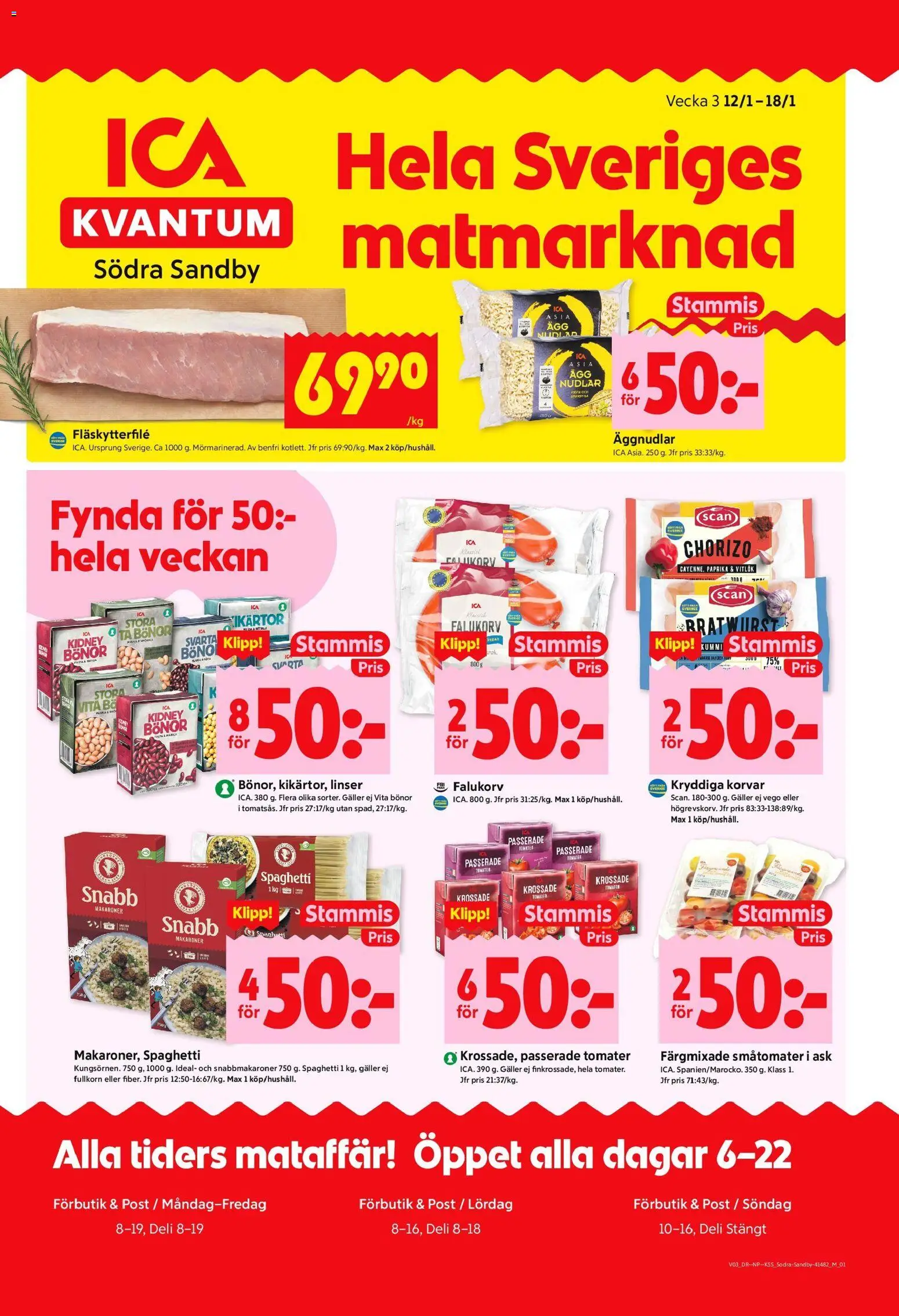 ICA Kvantum reklamblad aktuell från 12.01.2026 | Sida: 1 | Produkter: Krossade tomater, Galler, Falukorv, Spaghetti