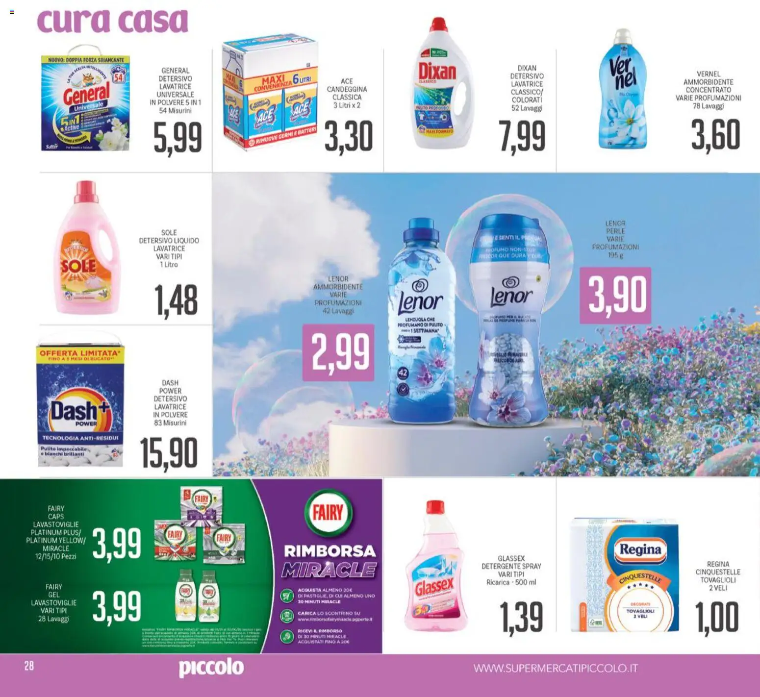 Volantino Piccolo del 26.03.2026 | Pagina: 28 | Prodotti: Ammorbidente, Candeggina, Lavastoviglie, Profumo