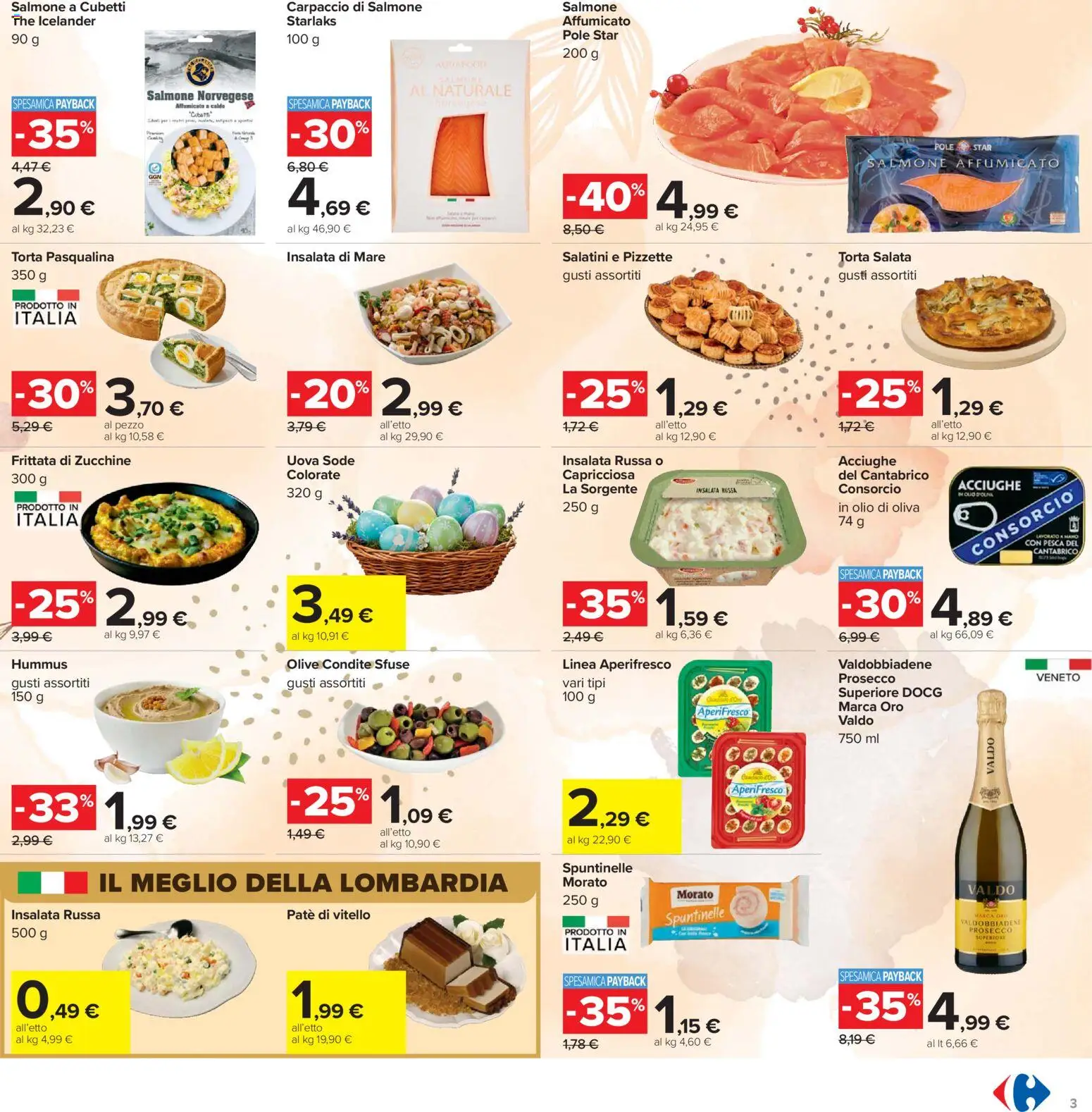 Volantino Carrefour del 24.03.2026 | Pagina: 3 | Prodotti: Salmone, Insalata, Pesca, The