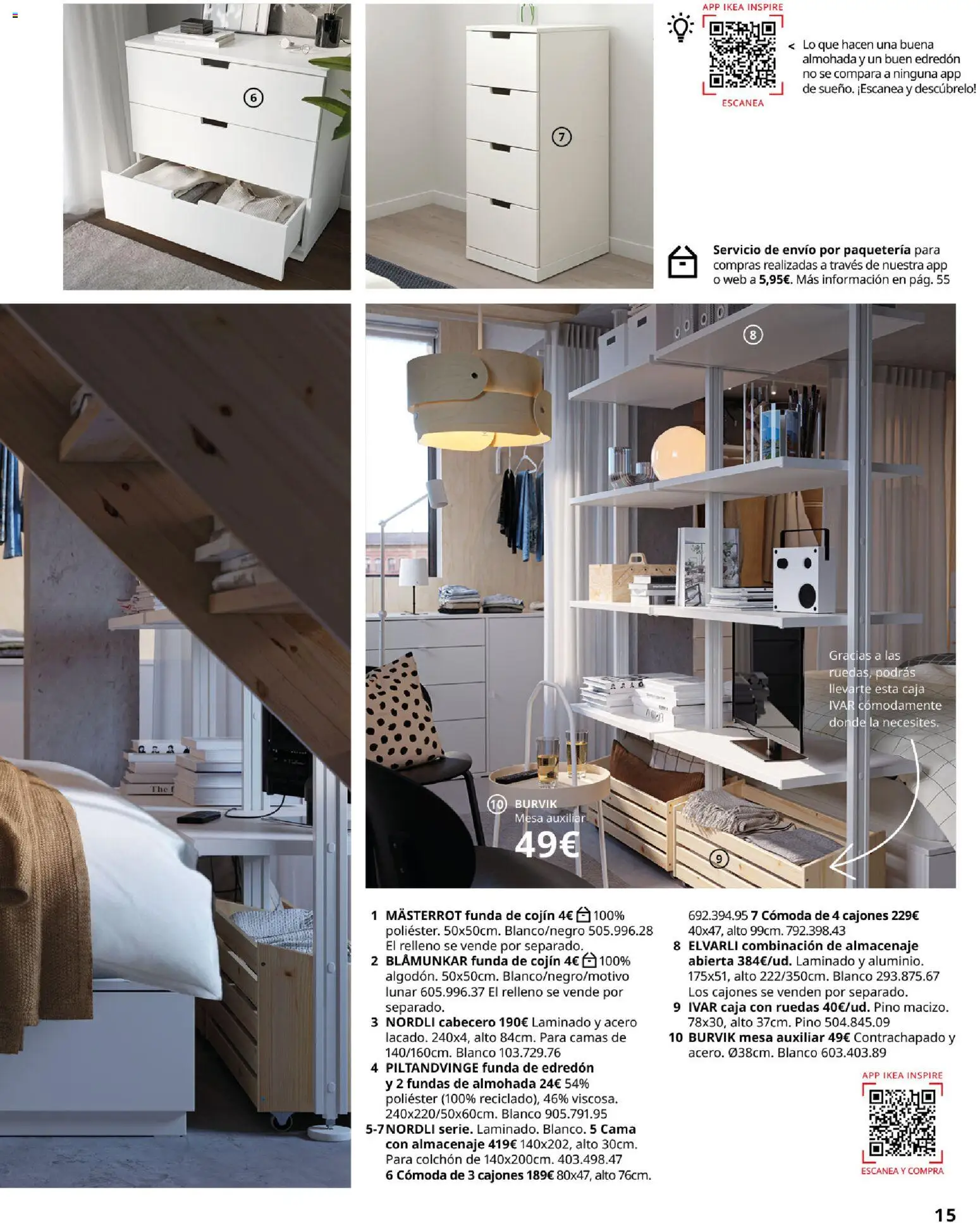 Catálogo IKEA Dormitorios │ válido desde el 01.02.2026 | Página: 15 | Productos: Edredón, Mesa auxiliar, Cama, Cojín
