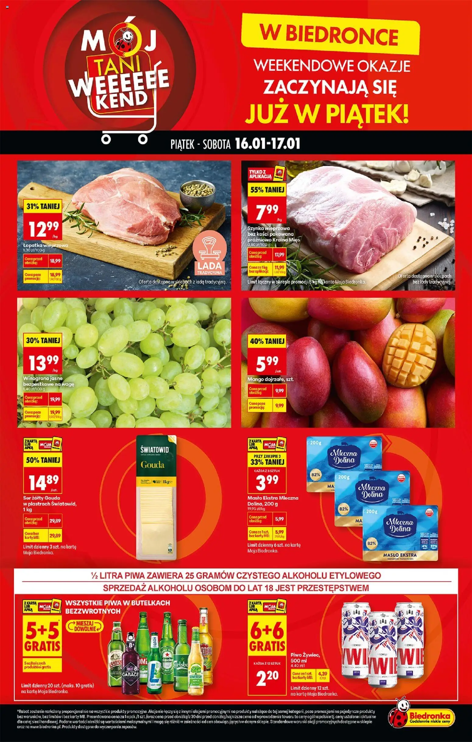 Biedronka gazetka - Tani weekend od 16.01.2026 | Strona: 1 | Produkty: Ser żółty, Winogrono, Szynka wieprzowa, Masło