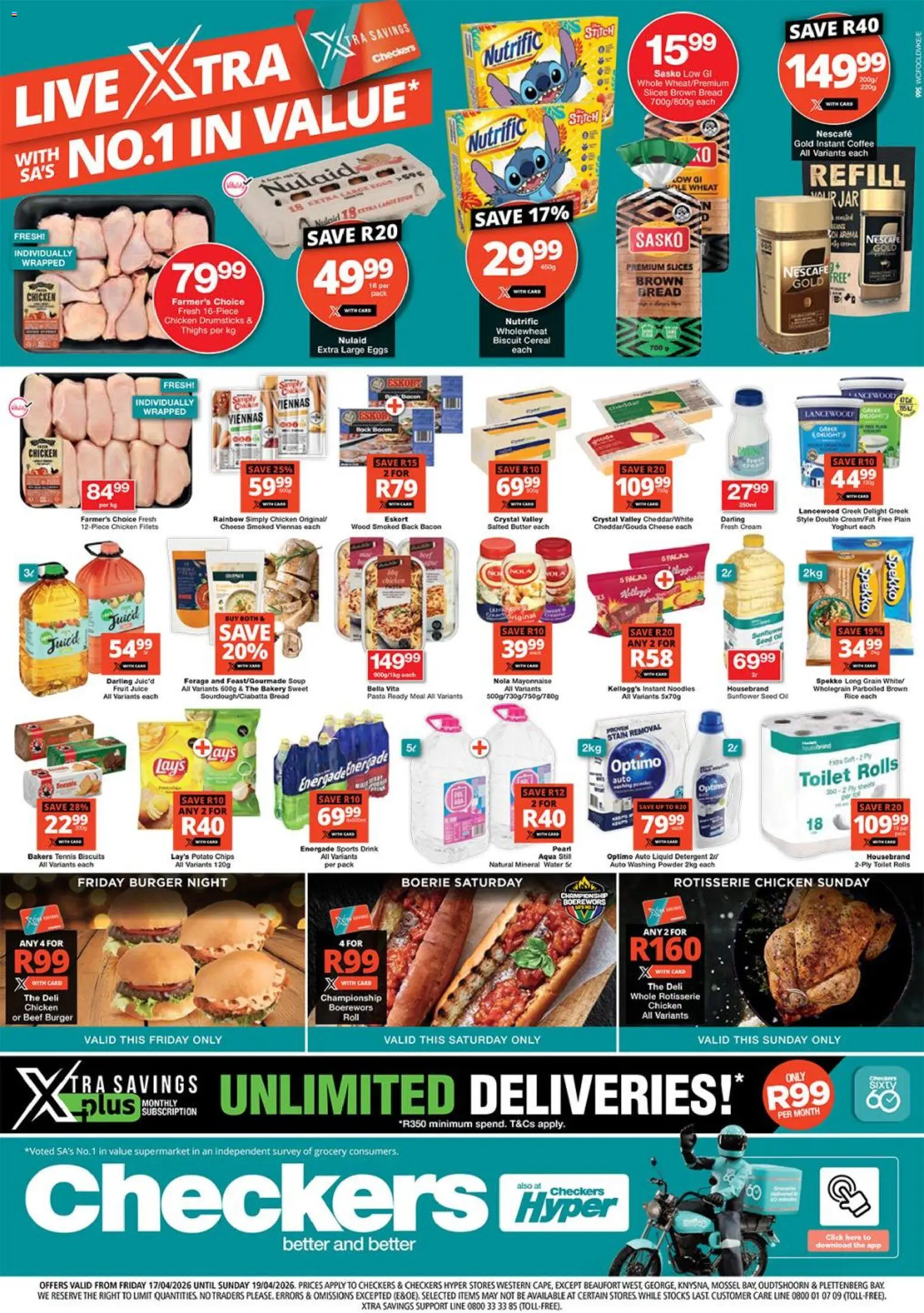 New Checkers catalogue – valid from 17.04.2026 | Page: 1 | Products: Yoghurt, Biscuits, Chicken, Pasta