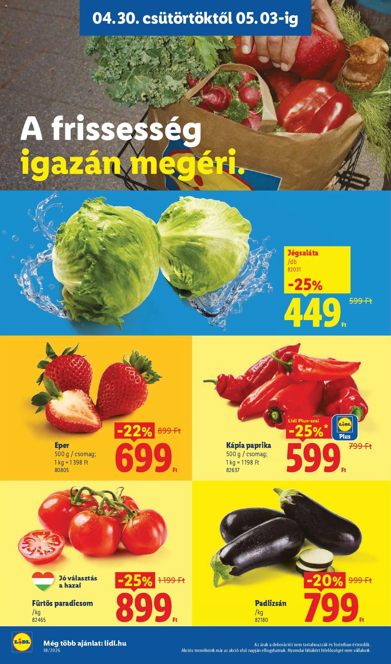 Lidl akciós ujság - amely érvényes a következő dátumtól: 30.04.2026 | Oldal: 2 | Termékek: Padlizsán, Jégsaláta, Paradicsom, Eper