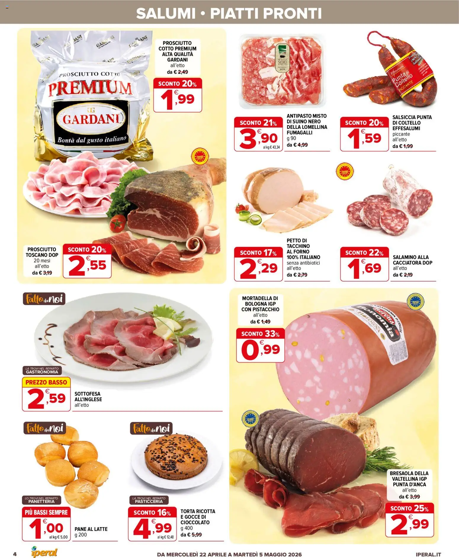 Volantino Iperal del 22.04.2026 | Pagina: 4 | Prodotti: Cioccolato, Bresaola, Suino, Prosciutto