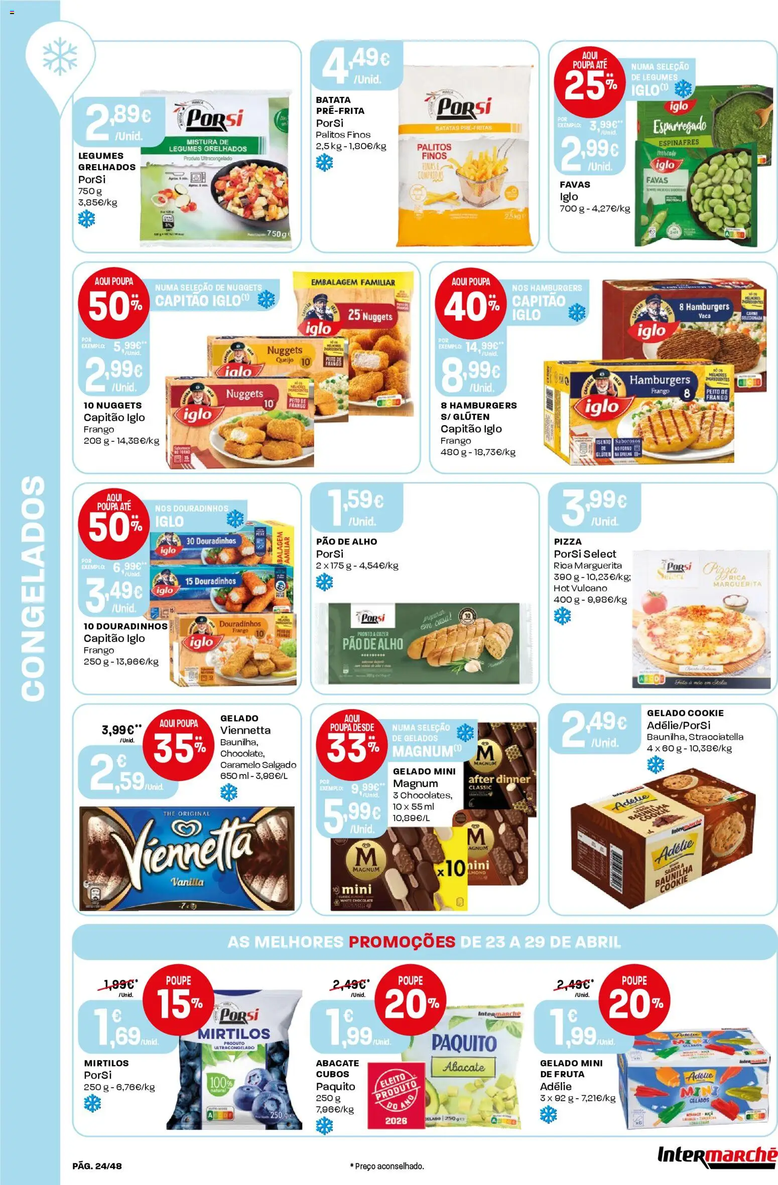Intermarché folheto │ válido de 23.04.2026 | Página: 24 | Produtos: Chocolate, Abacate, Pizza, Carne