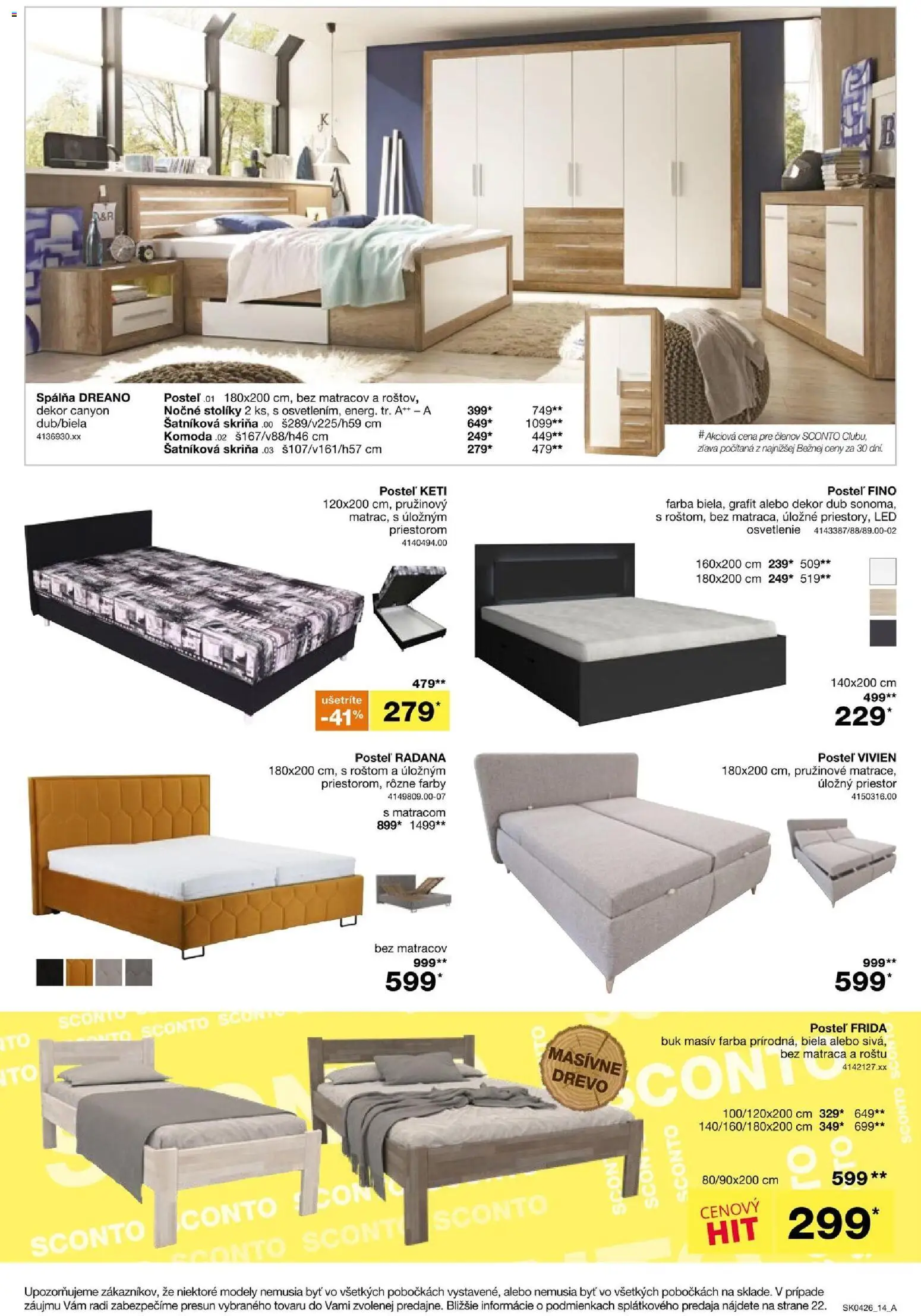 Nové Sconto nábytok akcie – leták je platný od 04.03.2026 | Strana: 14 | Produkty: Posteľ, Šatníková skriňa, Skriňa, Osvetlenie