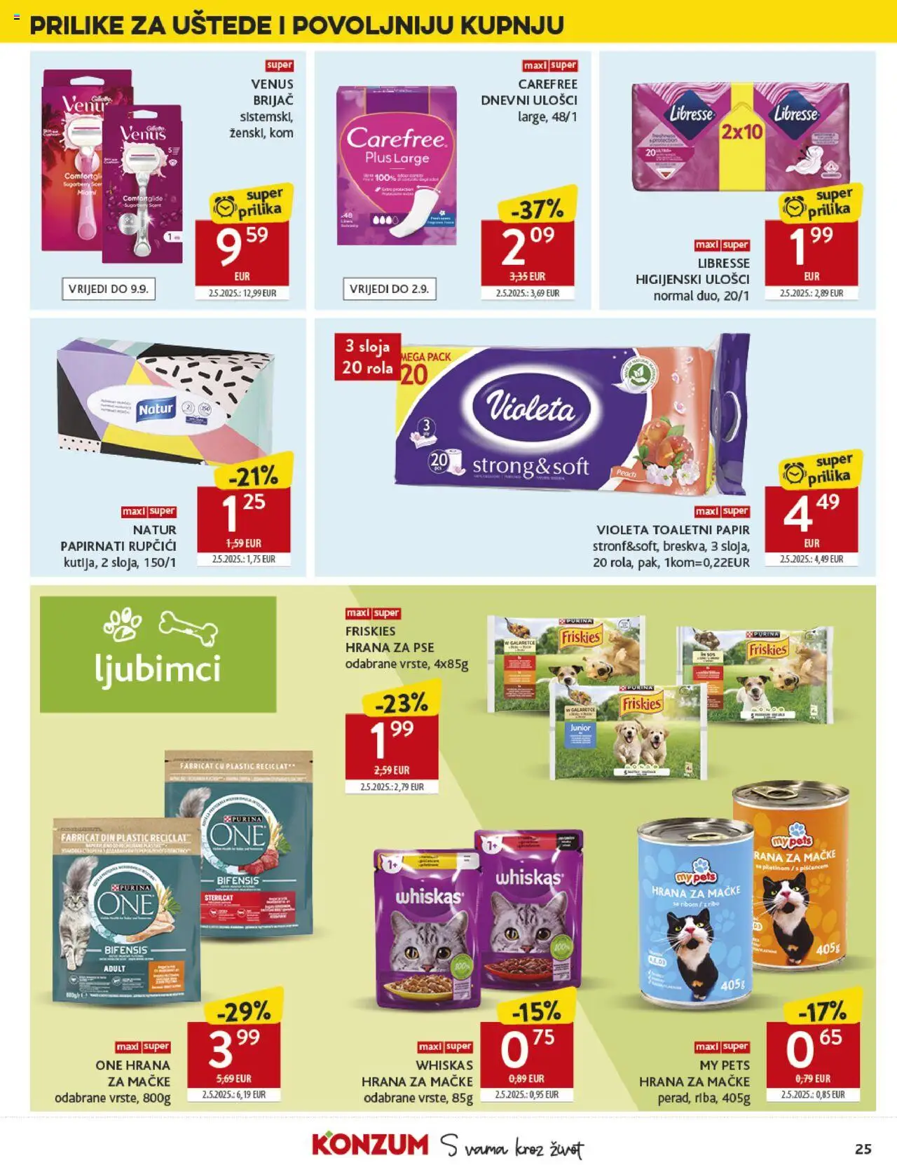 Konzum katalog | vrijedi od 20.08.2025 | Stranica: 25 | Proizvodi: Toaletni papir, Hrana za mačke, Violeta, Libresse