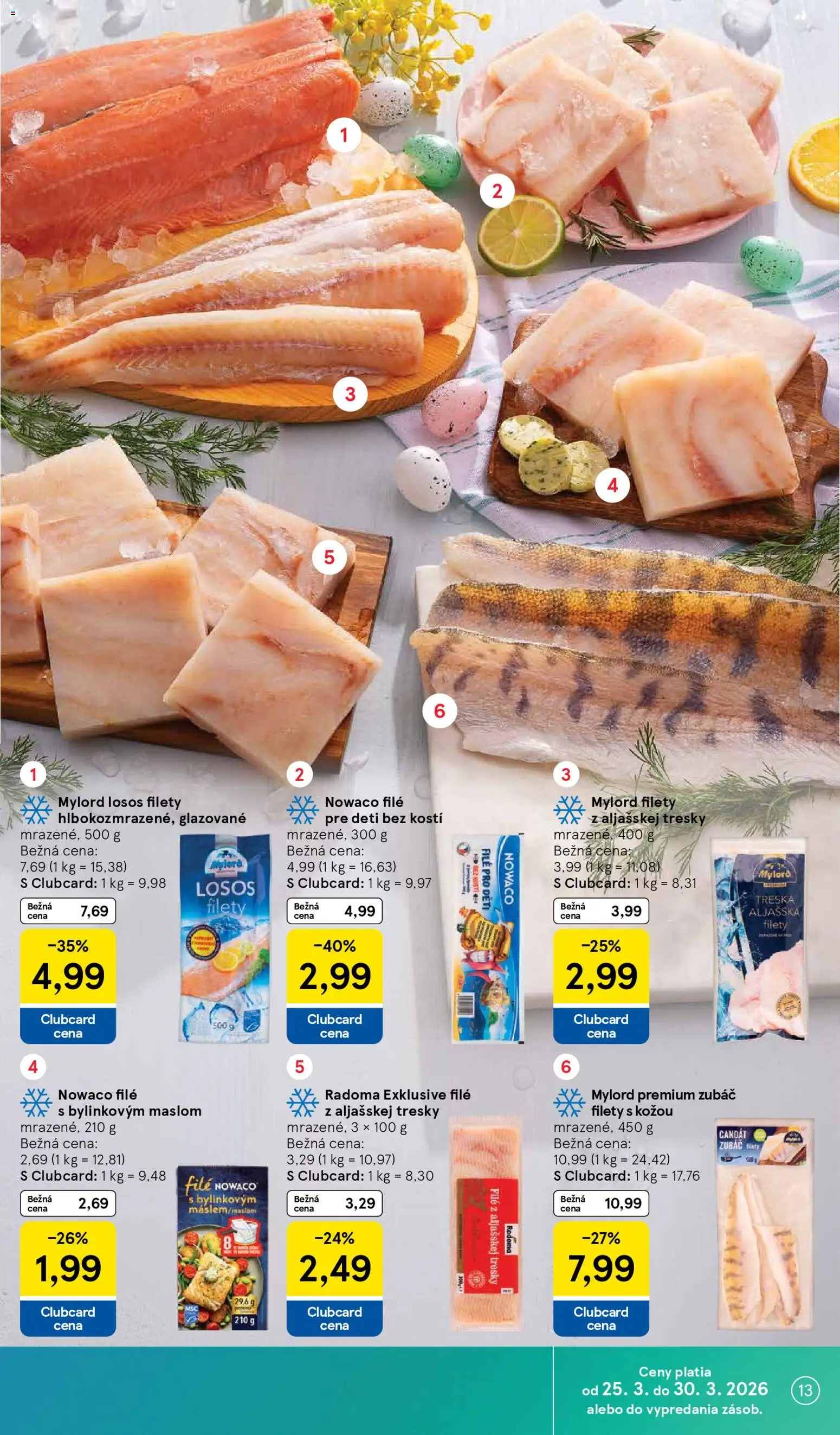 Nové Tesco akcie – leták je platný od 25.03.2026 | Strana: 13 | Produkty: Losos, Treska