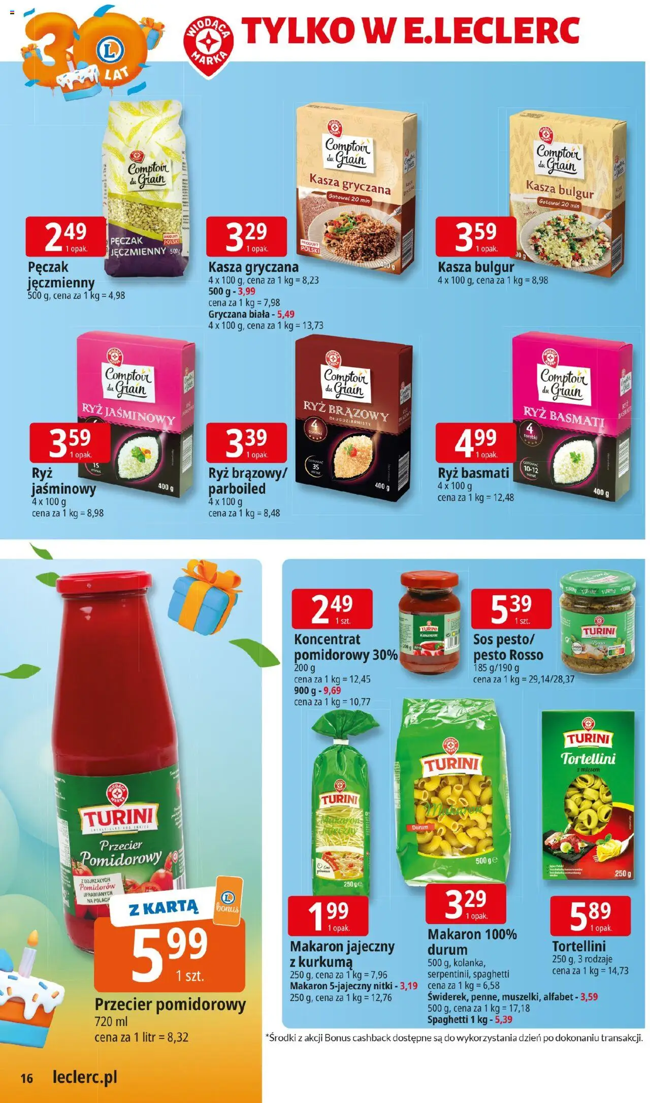 E.Leclerc Gazetka od 06.10.2025 | Strona: 16 | Produkty: Kasza gryczana, Tortellini, Makaron, Kasza bulgur
