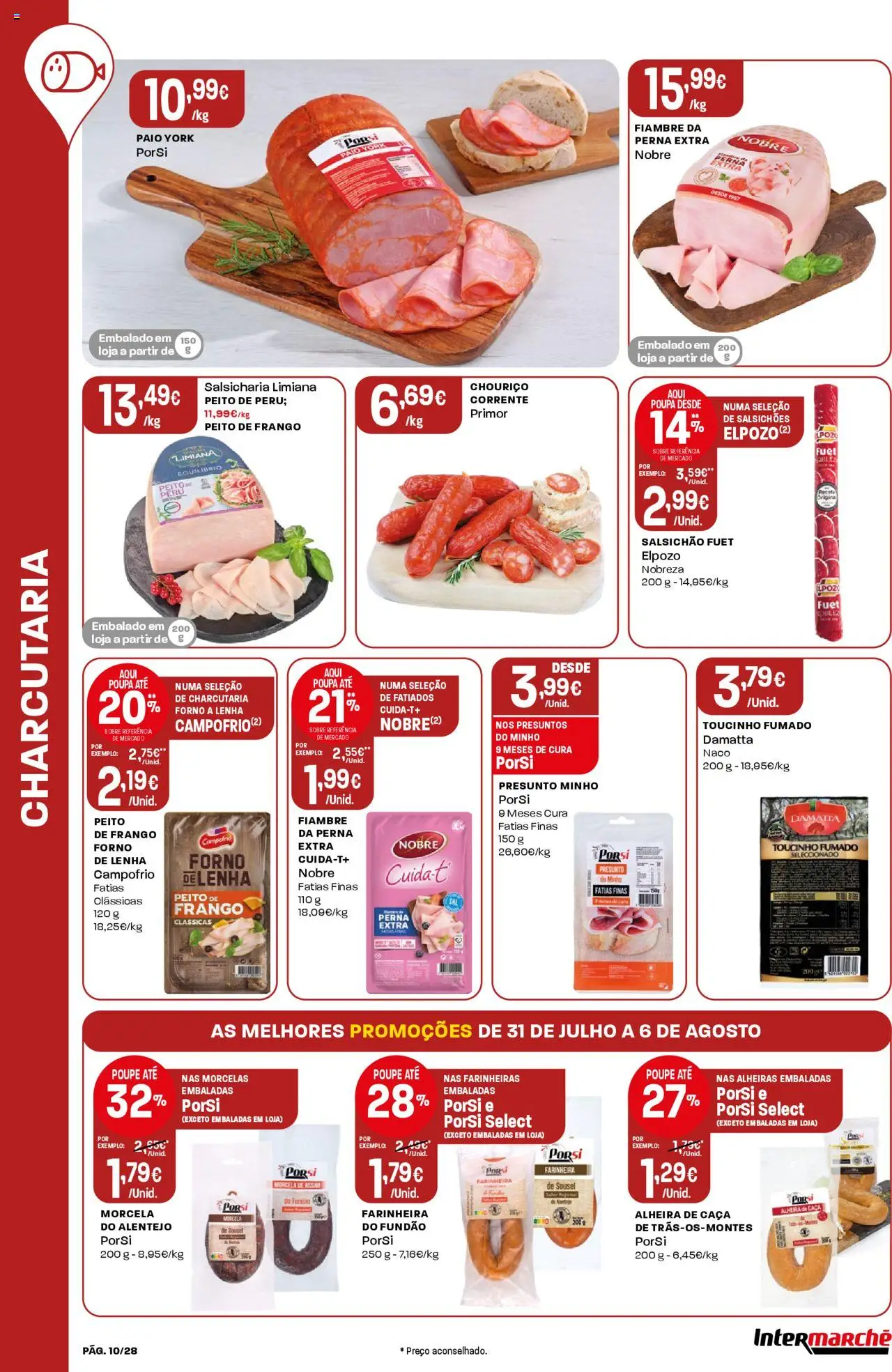 Intermarché folheto │ válido de 31.07.2025 | Página: 10 | Produtos: Peito de peru, Presunto, Chouriço, Alheira