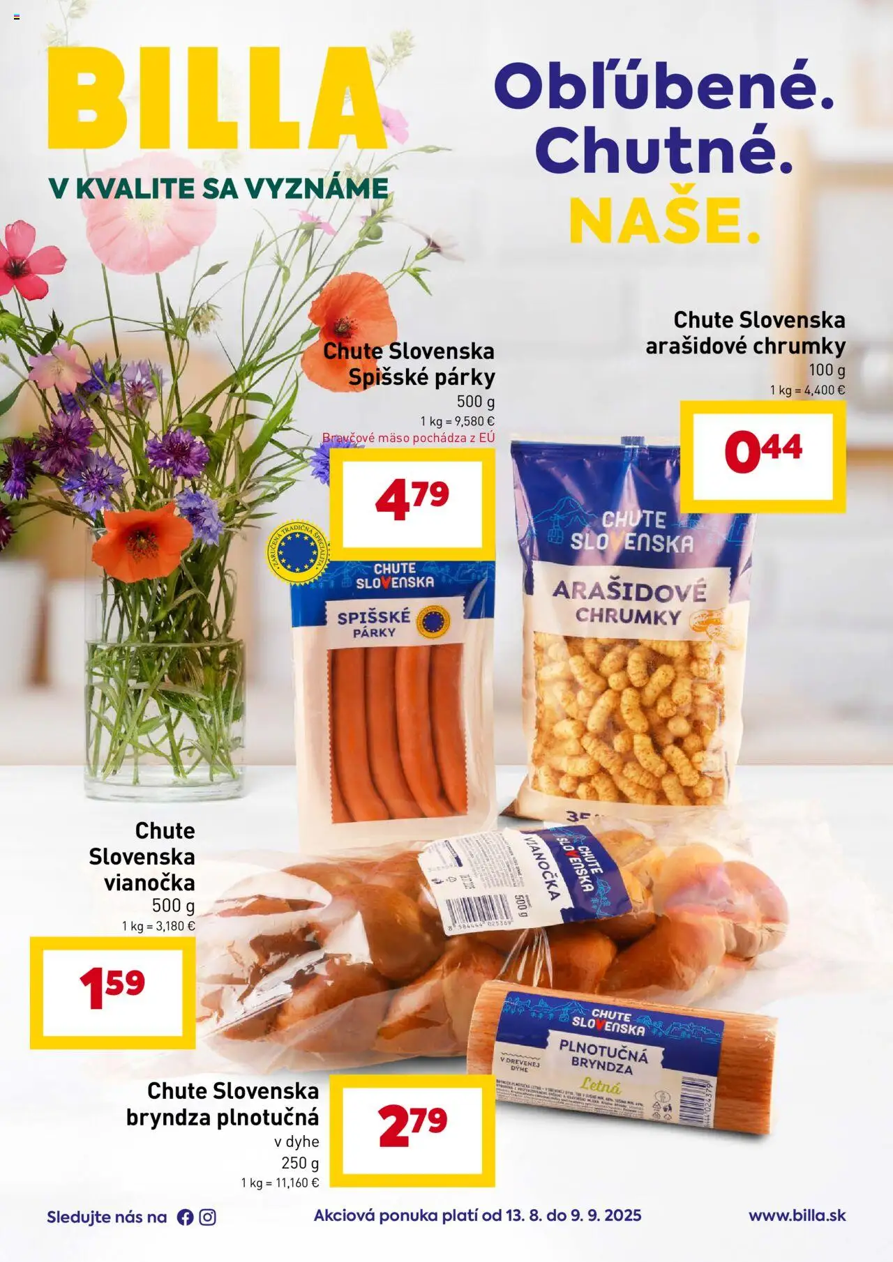 Billa chute Slovenska │ platný od 13.08.2025 | Strana: 1 | Produkty: Vianočka, Bryndza, Bravčové mäso, Párky
