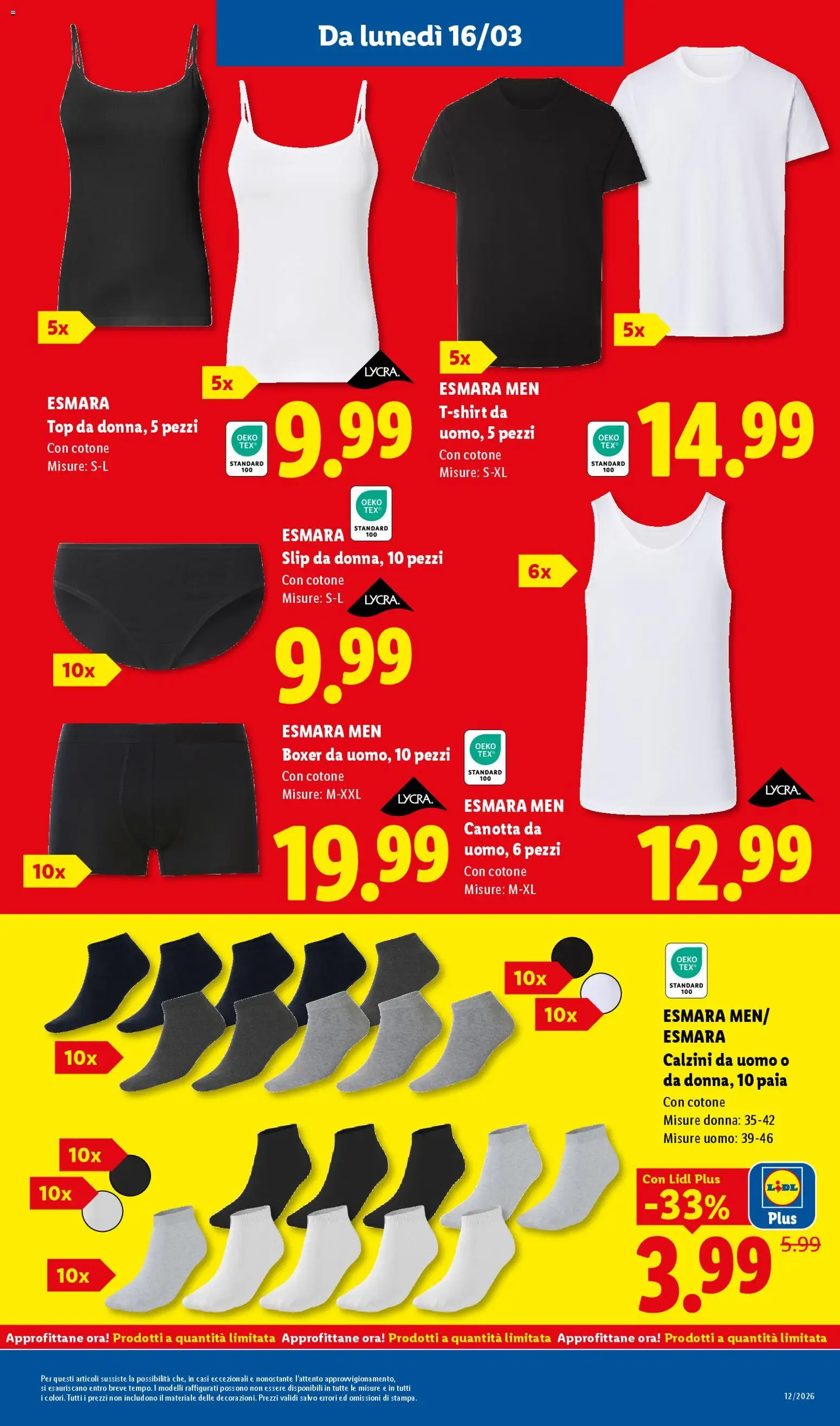 Volantino Lidl del 16.03.2026 | Pagina: 33 | Prodotti: Canotta, Calzini, Slip, T-shirt