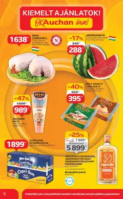 Auchan akciós ujság - amely érvényes a következő dátumtól: 10.07.2025 | Oldal: 6 | Termékek: Jägermeister, Lapkasajt, Gyümölcsital, Csirkemell