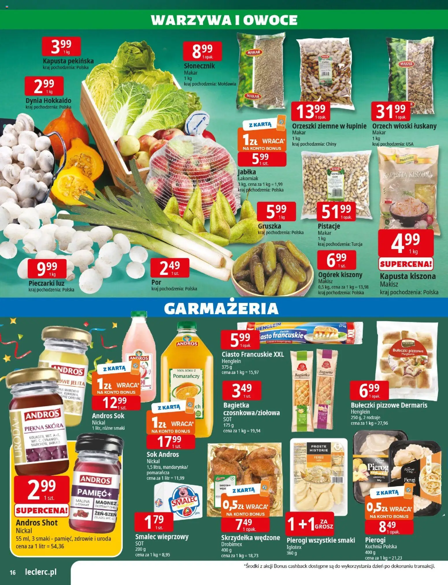 E.Leclerc Gazetka - Wrocław od 04.11.2025 | Strona: 16 | Produkty: Kapusta pekińska, Pieczarki, Kapusta kiszona, Owoce