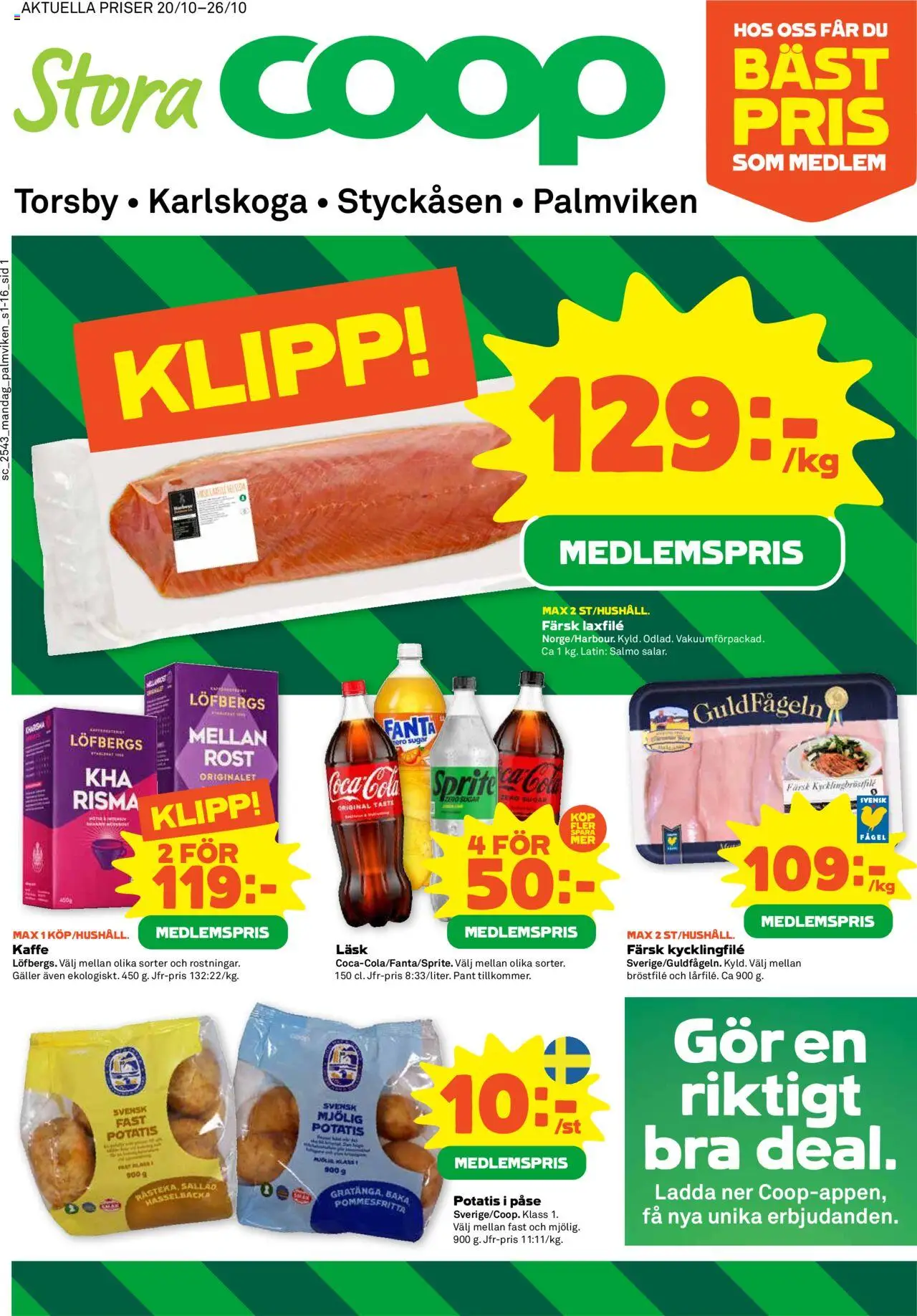 Stora Coop reklamblad aktuell från 20.10.2025 | Sida: 1 | Produkter: Kycklingfile, Galler, Fanta, Kaffe