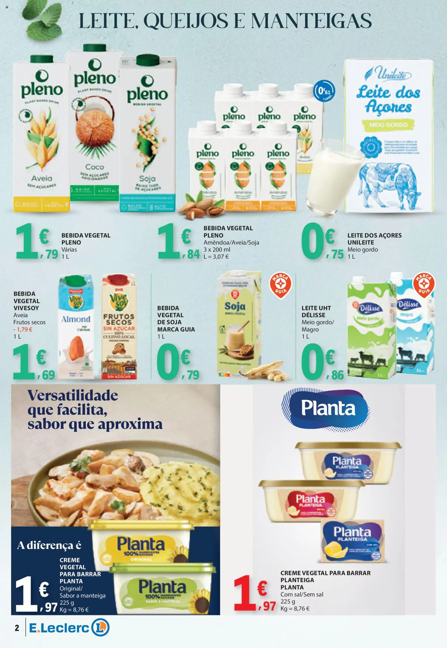 E.Leclerc folheto Especial Pequeno-Almoço │ válido de 21.04.2026 | Página: 2 | Produtos: Soja, Sal, Manteiga, Bebida