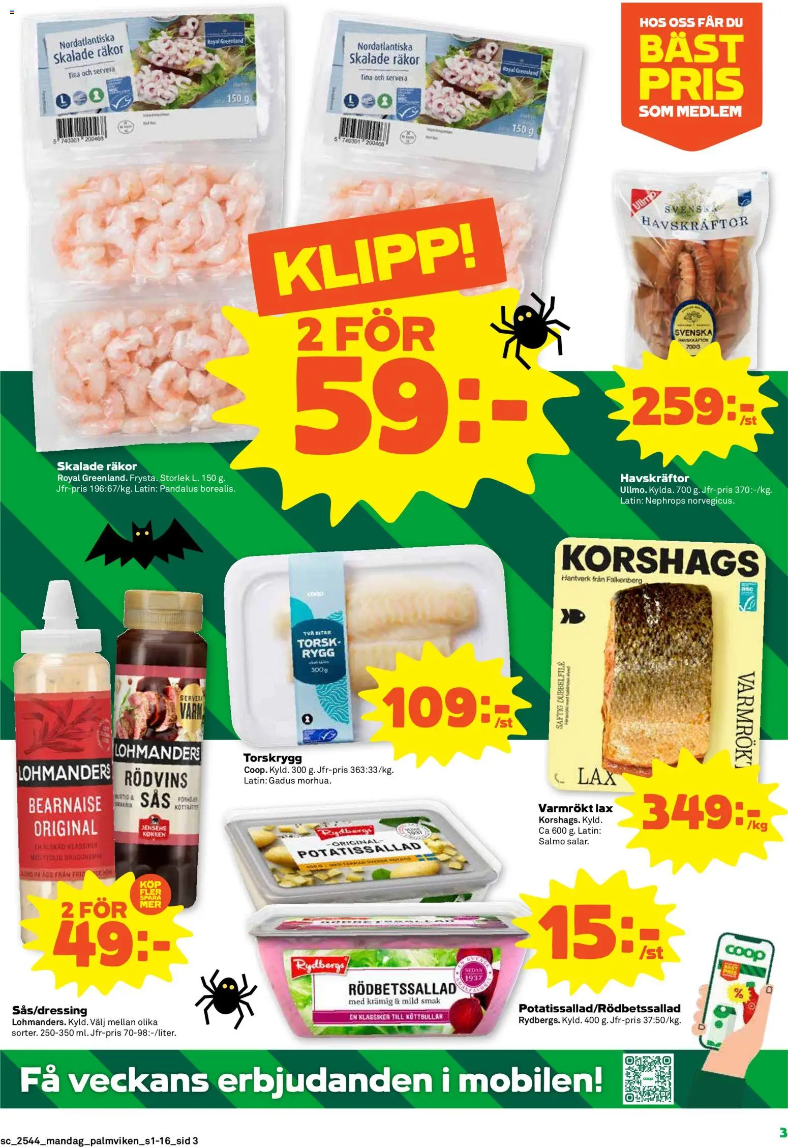 Stora Coop reklamblad aktuell från 27.10.2025 | Sida: 3 | Produkter: Potatissallad, Rödbetssallad, Räkor, Lax