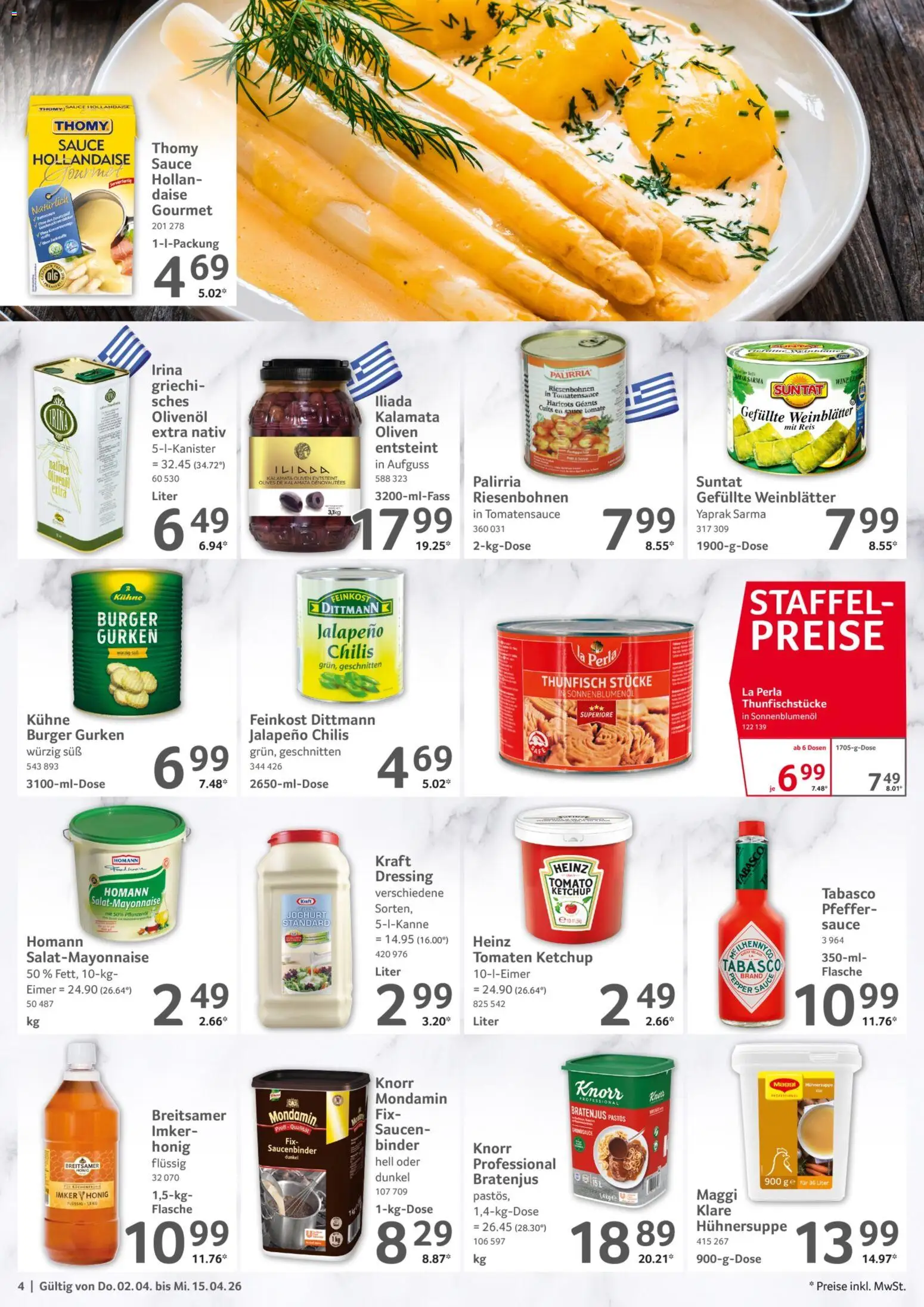 Selgros Gastronomie – gültig ab 02.04.2026 | Seite: 4 | Produkte: Joghurt, Olivenol, Tomaten, Knorr