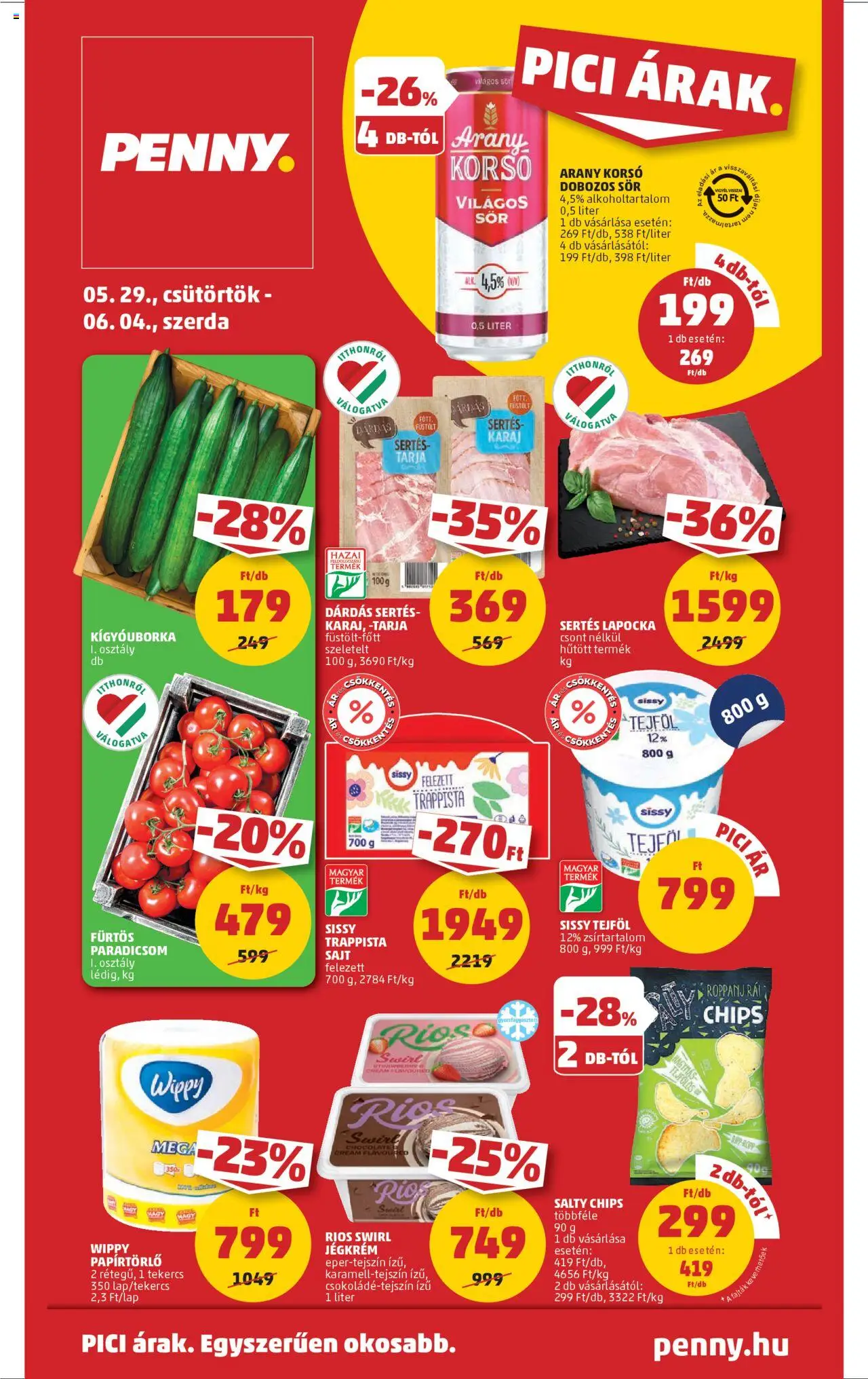PENNY akciós ujság - amely érvényes a következő dátumtól: 29.05.2025 | Oldal: 1 | Termékek: Sertés lapocka, Sajt, Paradicsom, Trappista sajt