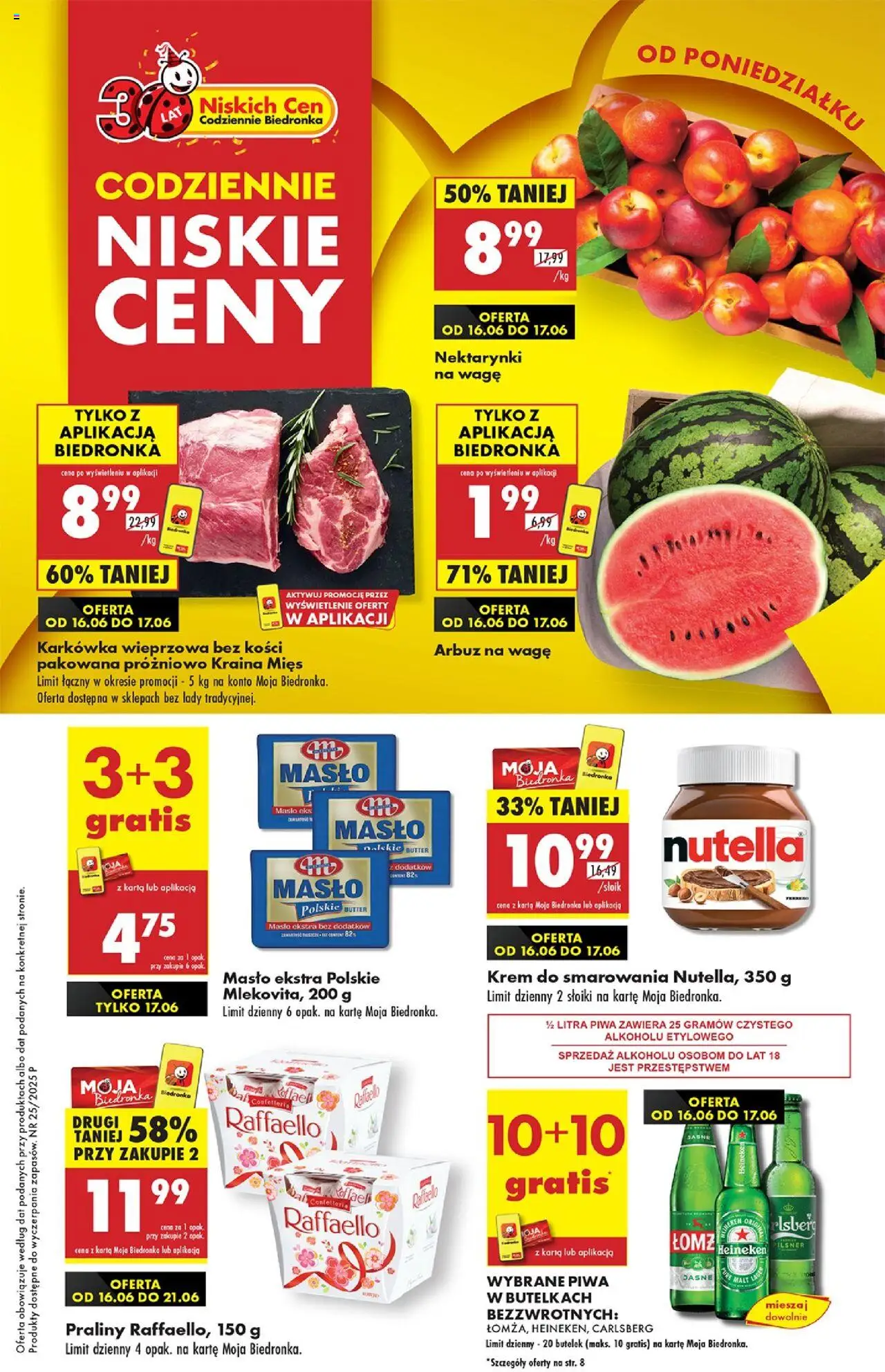 Biedronka gazetka od 16.06.2025 | Strona: 1 | Produkty: Karkówka, Praliny, Krem, Heineken