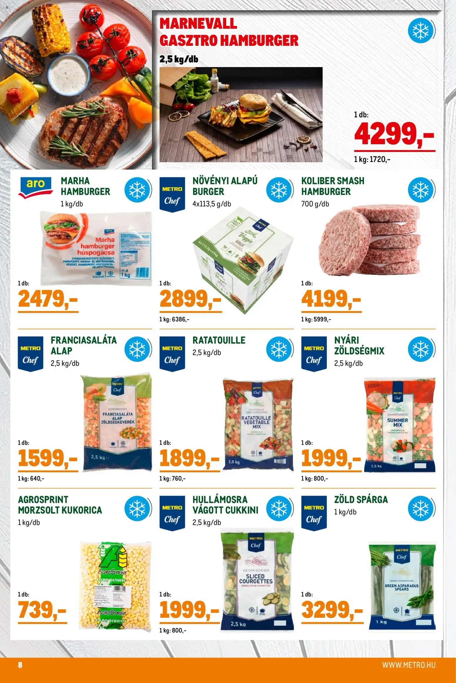 Metro akciós ujság - amely érvényes a következő dátumtól: 02.05.2026 | Oldal: 8 | Termékek: Zöldségkeverék, Hamburger, Cukkini