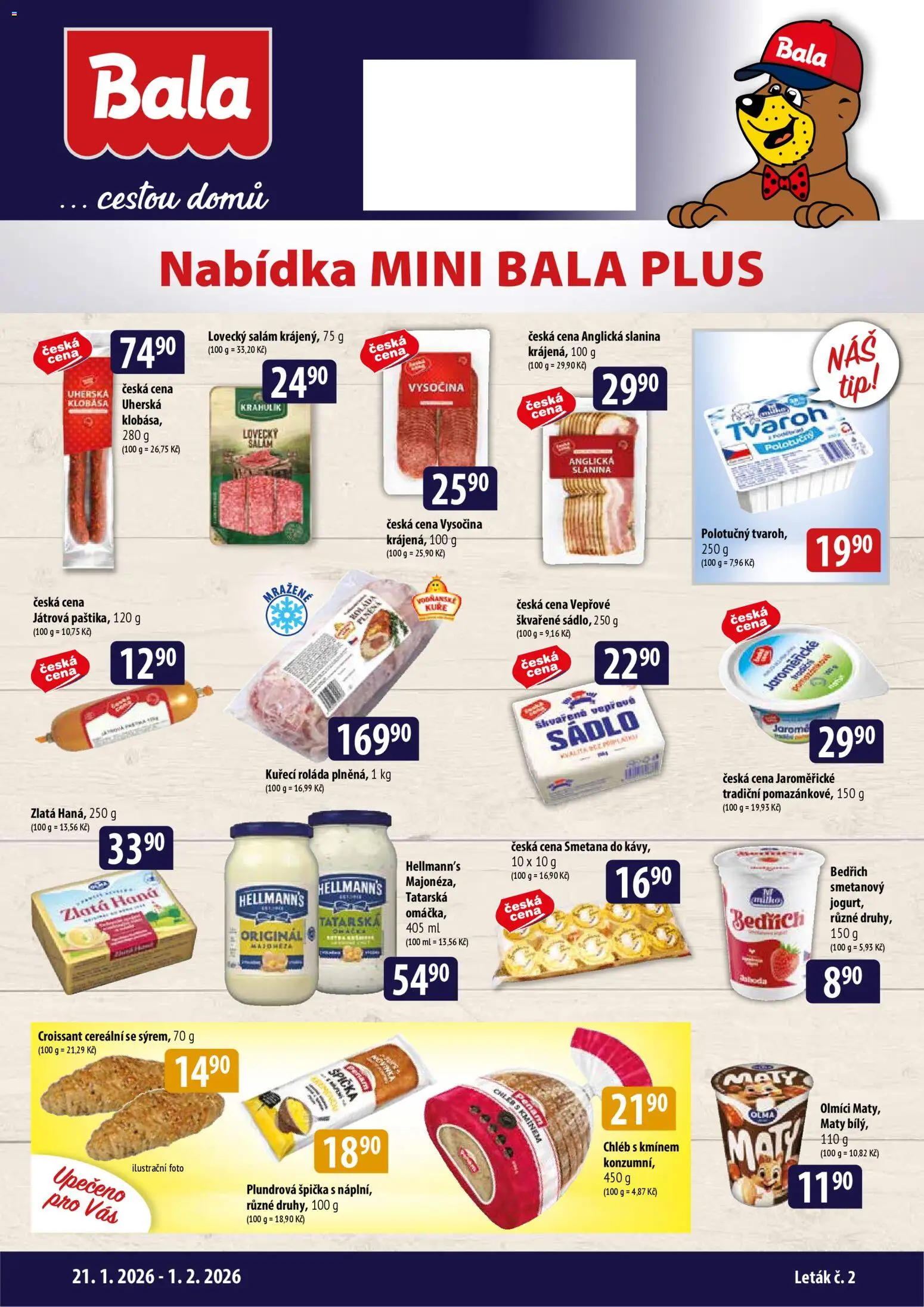 BALA malý leták  od 21.01.2026 | Strana: 1 | Produkty: Anglická slanina, Croissant, Kuře, Slanina