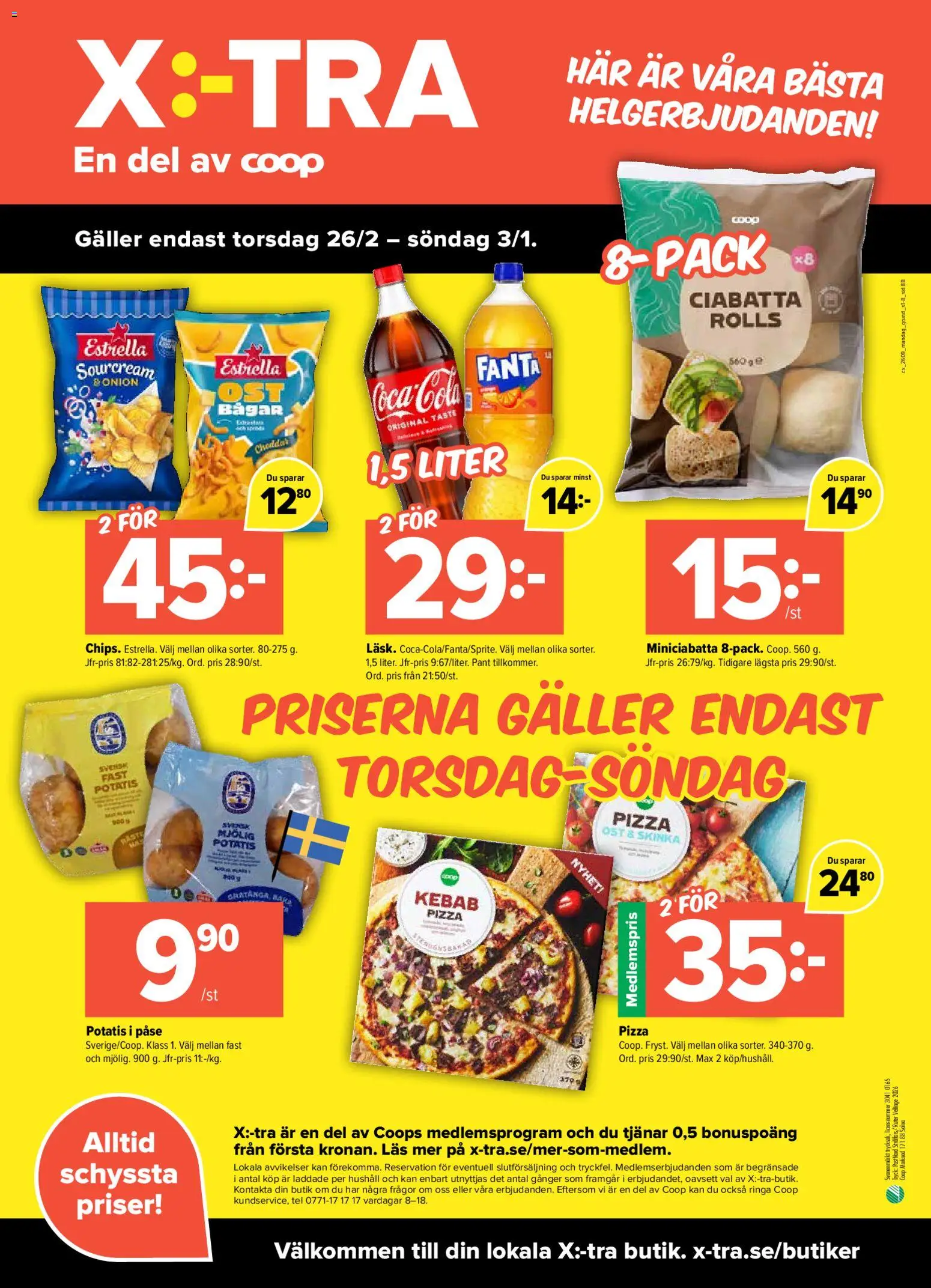 Coop X:-TRA reklamblad aktuell från 23.02.2026 | Sida: 8 | Produkter: Fanta, Ost, Skinka, Potatis