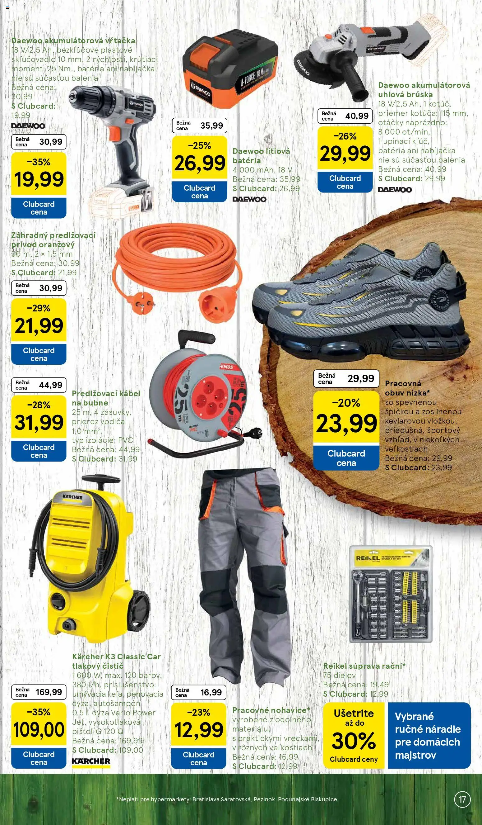 Nové Tesco akcie – leták je platný od 03.03.2026 | Strana: 17 | Produkty: Náradie, Vŕtačka, Tlakový čistič, Uhlová brúska