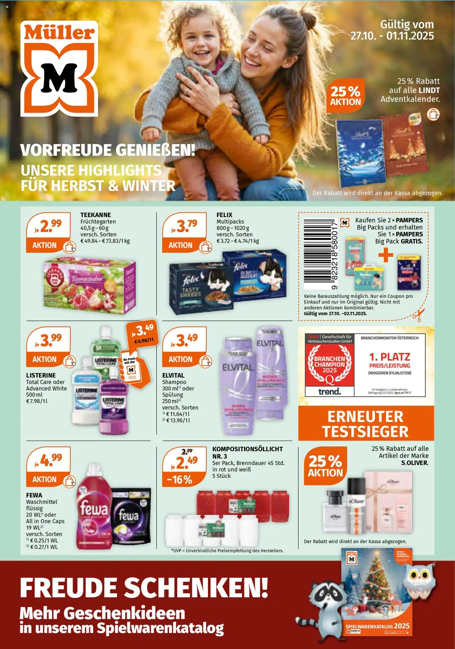 Müller Flugblatt gültig ab 27.10.2025 | Seite: 1 | Produkte: Pampers, Shampoo, Spülung, Waschmittel