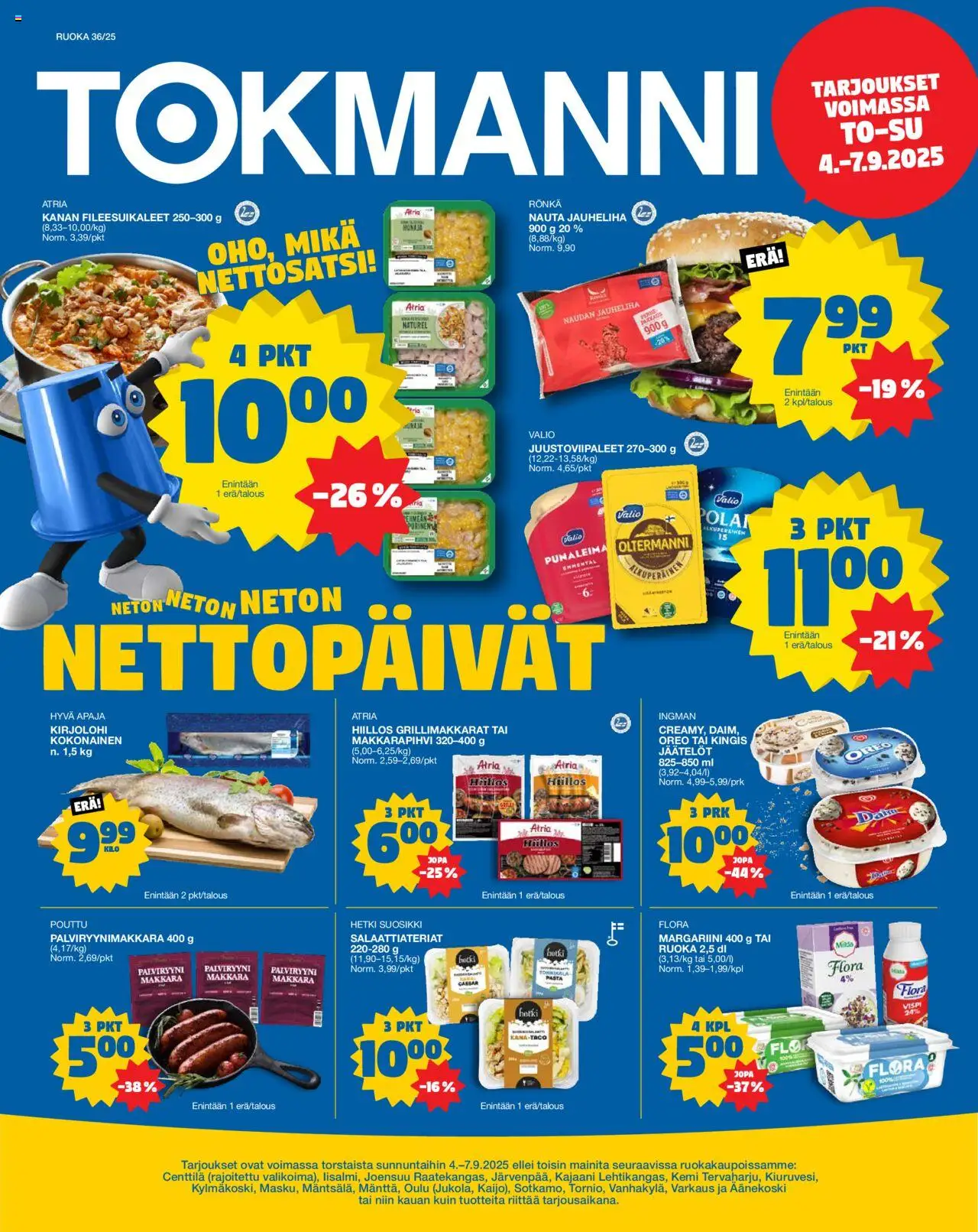 Tokmanni Ruokatarjoukset – voimassa 04.09.2025 alkaen | Sivu: 1 | Tuotteet: Kokonainen, Makkara, Margariini, Emmental