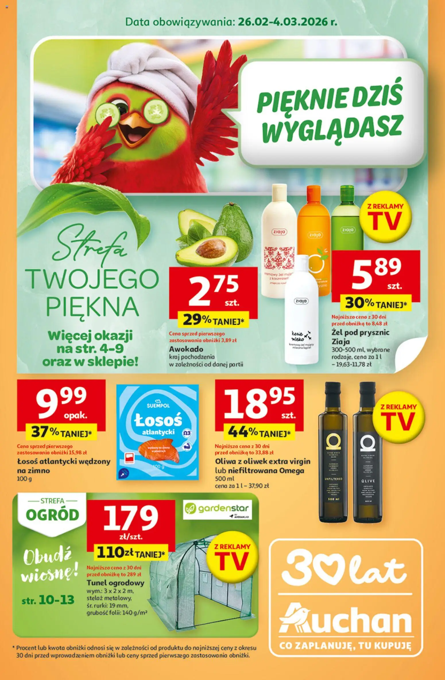 Auchan Gazetka - 30 Lat Hipermarket od 26.02.2026 | Strona: 1 | Produkty: Łosoś atlantycki, Łosoś, Prysznic, Mleko