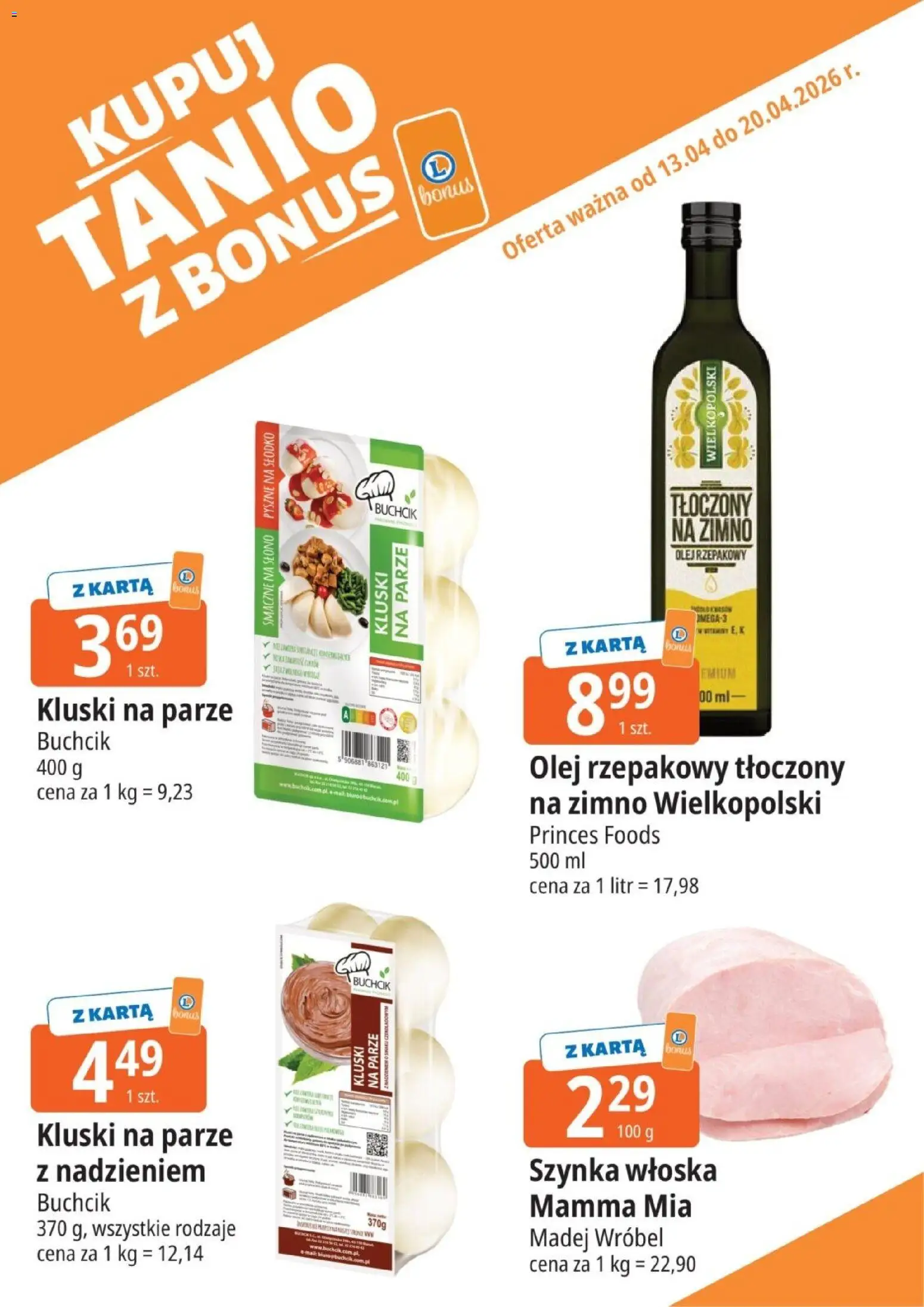 E.Leclerc gazetka - Kupony dodatkowe od 13.04.2026 | Strona: 8 | Produkty: Olej rzepakowy, Kluski na parze, Szynka, Olej
