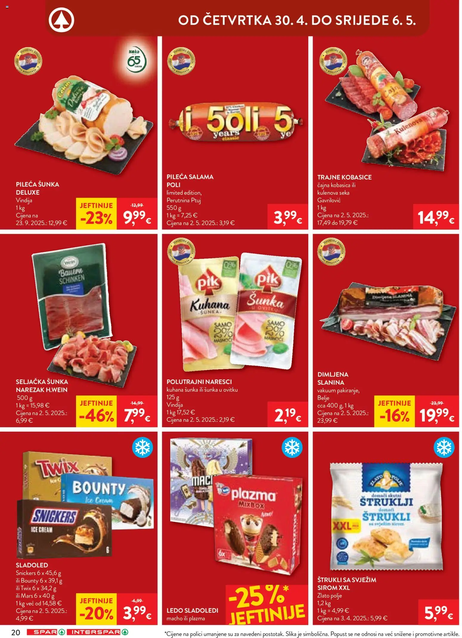 Spar katalog | vrijedi od 27.04.2026 | Stranica: 24 | Proizvodi: Ledo, Sladoled, Kobasica, Perutnina Ptuj