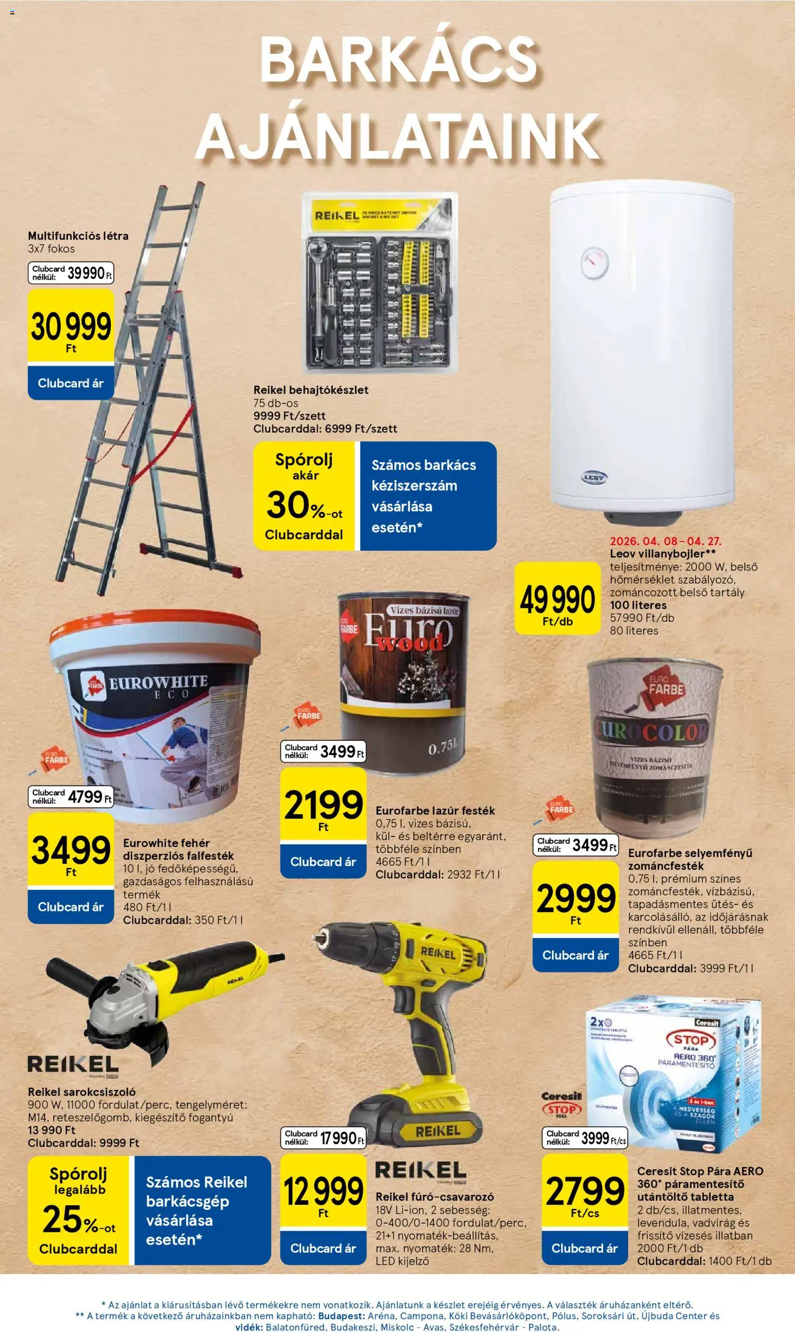 Tesco akciós ujság - amely érvényes a következő dátumtól: 23.04.2026 | Oldal: 27 | Termékek: Páramentesítő, Sarokcsiszoló, Létra, Festék