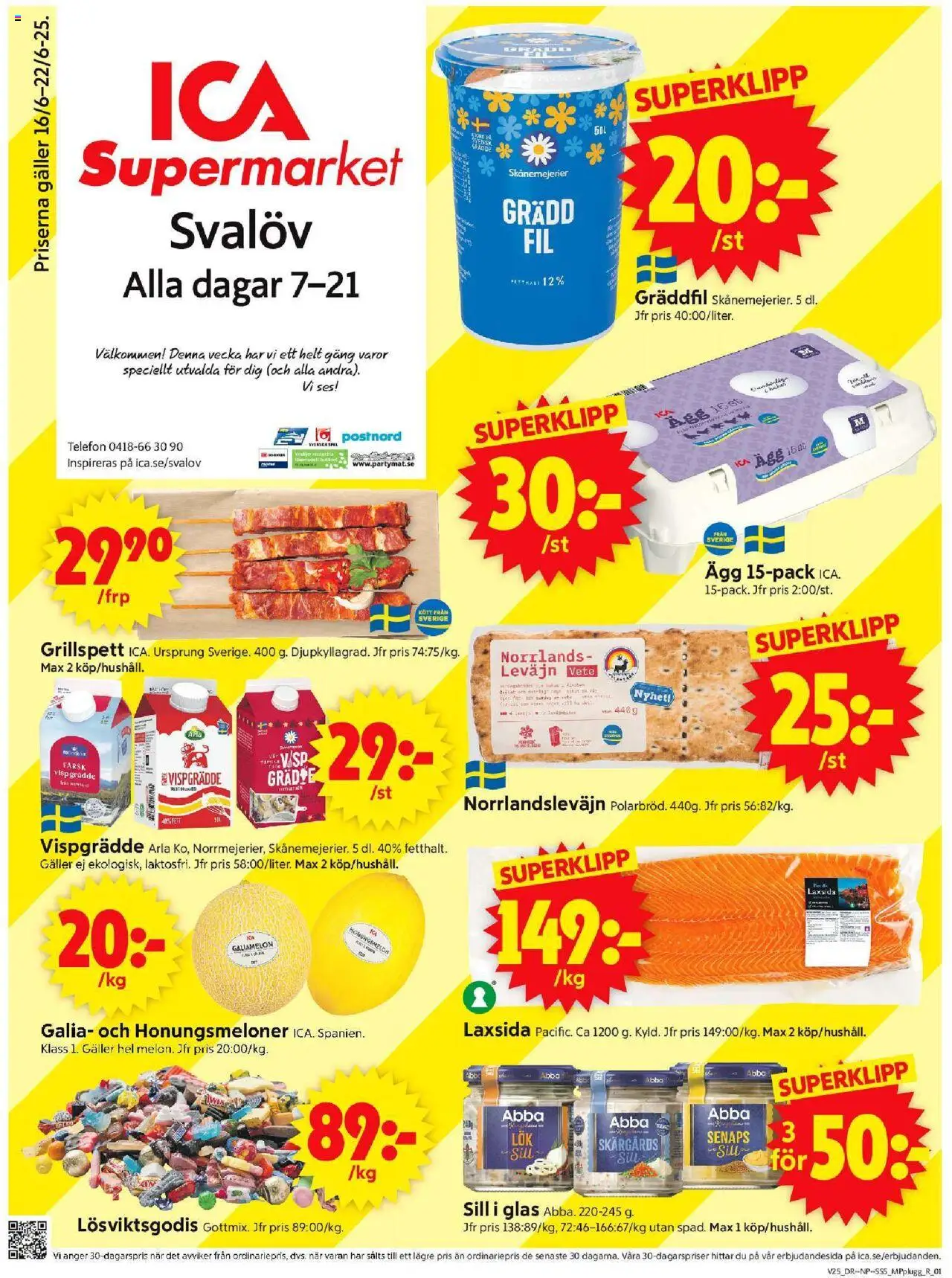 ICA Supermarket reklamblad aktuell från 16.06.2025 | Sida: 1 | Produkter: Sill, Ägg, Telefon, Vispgrädde