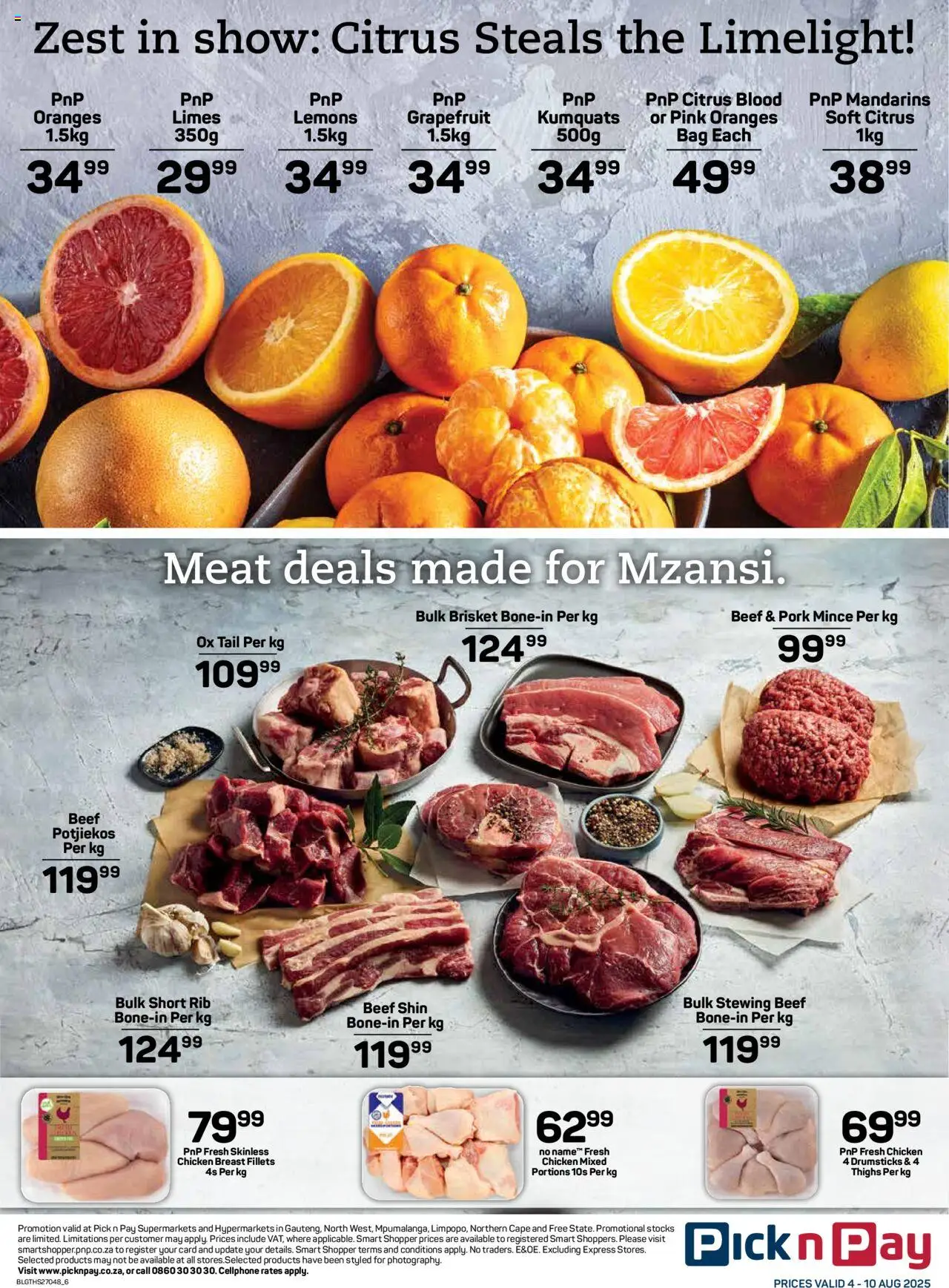 Pick n Pay Inland provinces - Weekly Specials │ valid from 04.08.2025 | Page: 6 | Products: Chicken, Oranges, Beef, Grapefruit