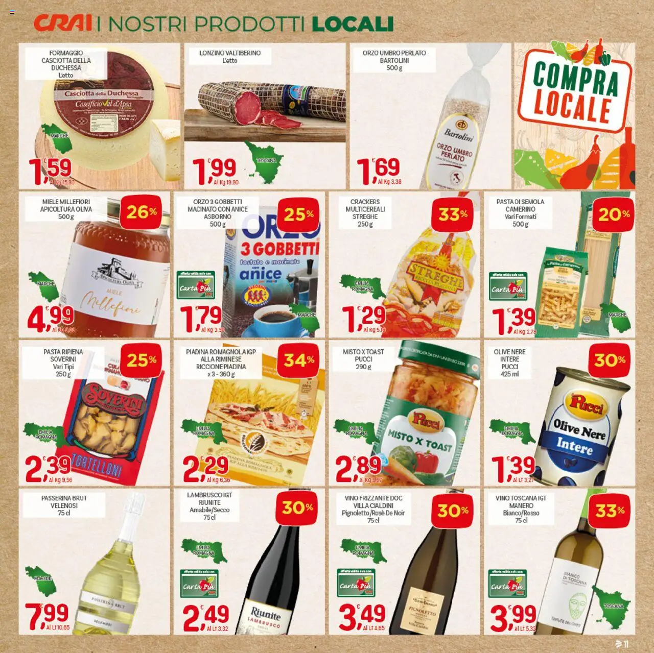 Volantino CRAI del 07.08.2025 | Pagina: 11 | Prodotti: Olive, Pasta, Piadina, Macinato