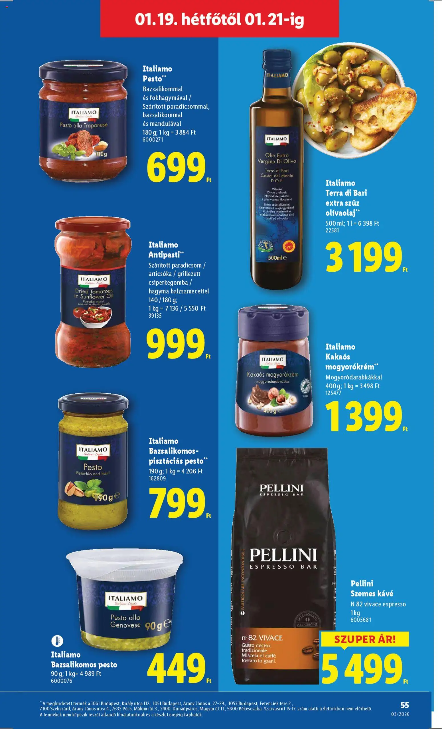 Lidl akciós ujság - amely érvényes a következő dátumtól: 15.01.2026 | Oldal: 55 | Termékek: Pesto, Szárított paradicsom, Szemes kávé, Olívaolaj