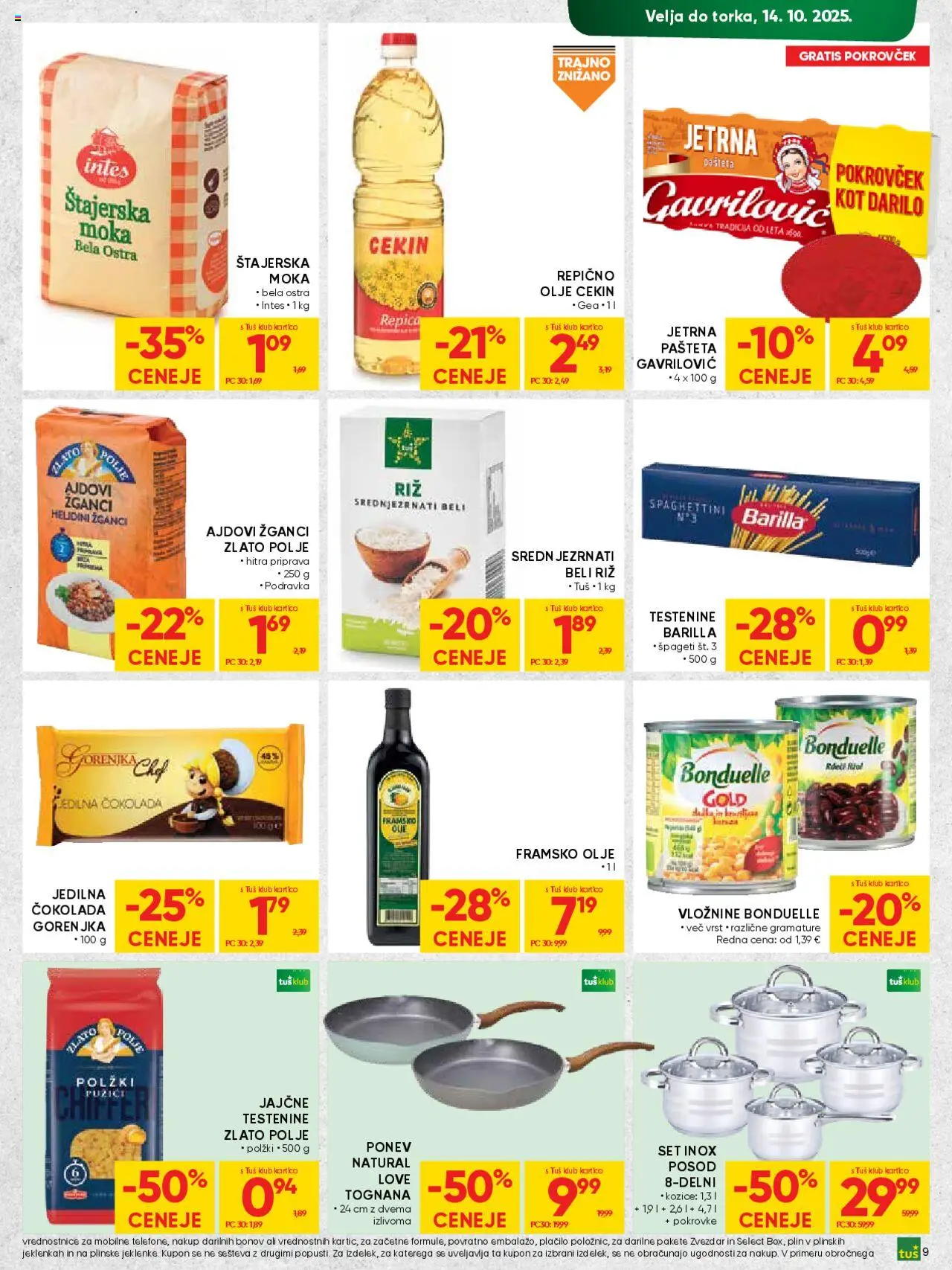 Novi Tuš katalog ponudbe – veljaven od 01.10.2025 | Stran: 9 | Izdelki: Kozice, Cokolada, Riz, Spageti