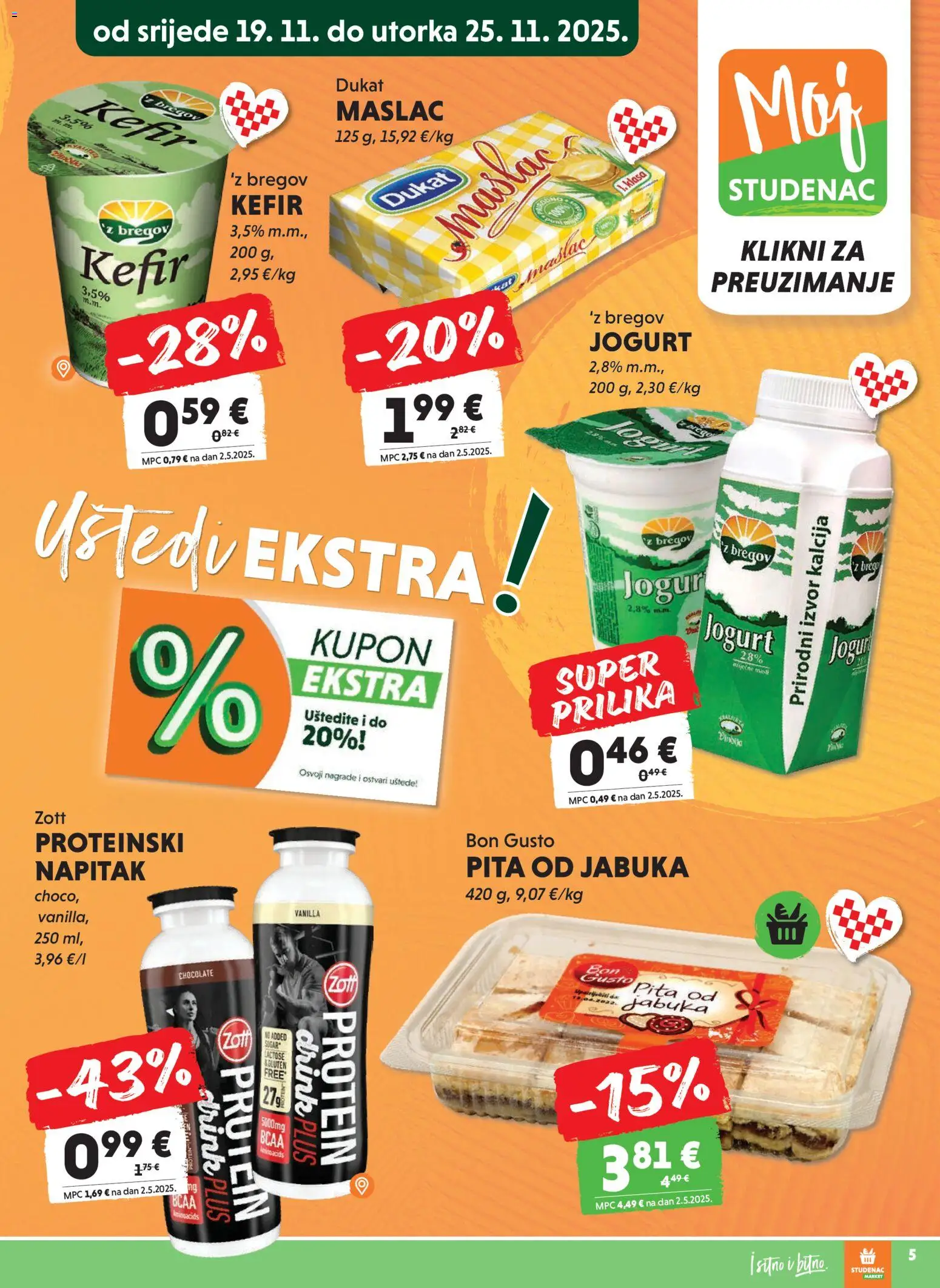 Studenac katalog | vrijedi od 19.11.2025 | Stranica: 5 | Proizvodi: Maslac, Jogurt, Pita, Jabuka