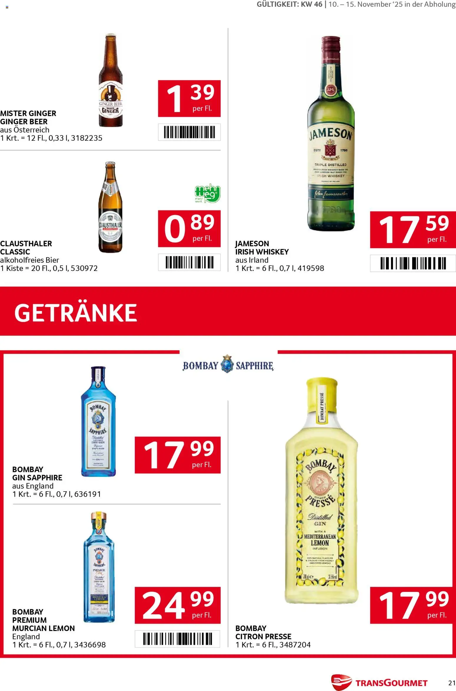 Transgourmet Flugblatt gültig ab 10.11.2025 | Seite: 20 | Produkte: Whiskey, Presse, Klementiinit, Bier