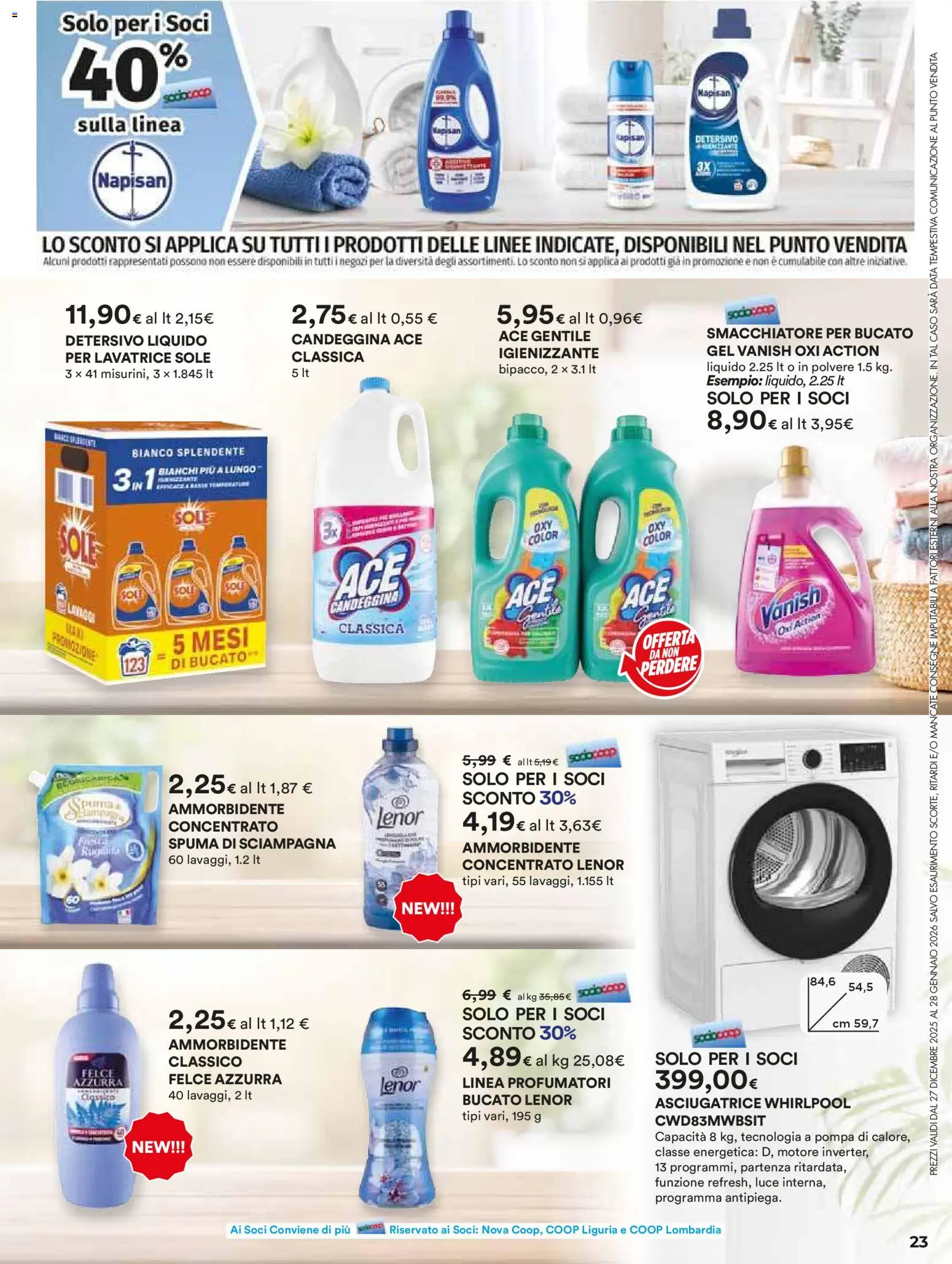 Volantino Ipercoop del 27.12.2025 | Pagina: 23 | Prodotti: Smacchiatore, Candeggina, Asciugatrice, Data