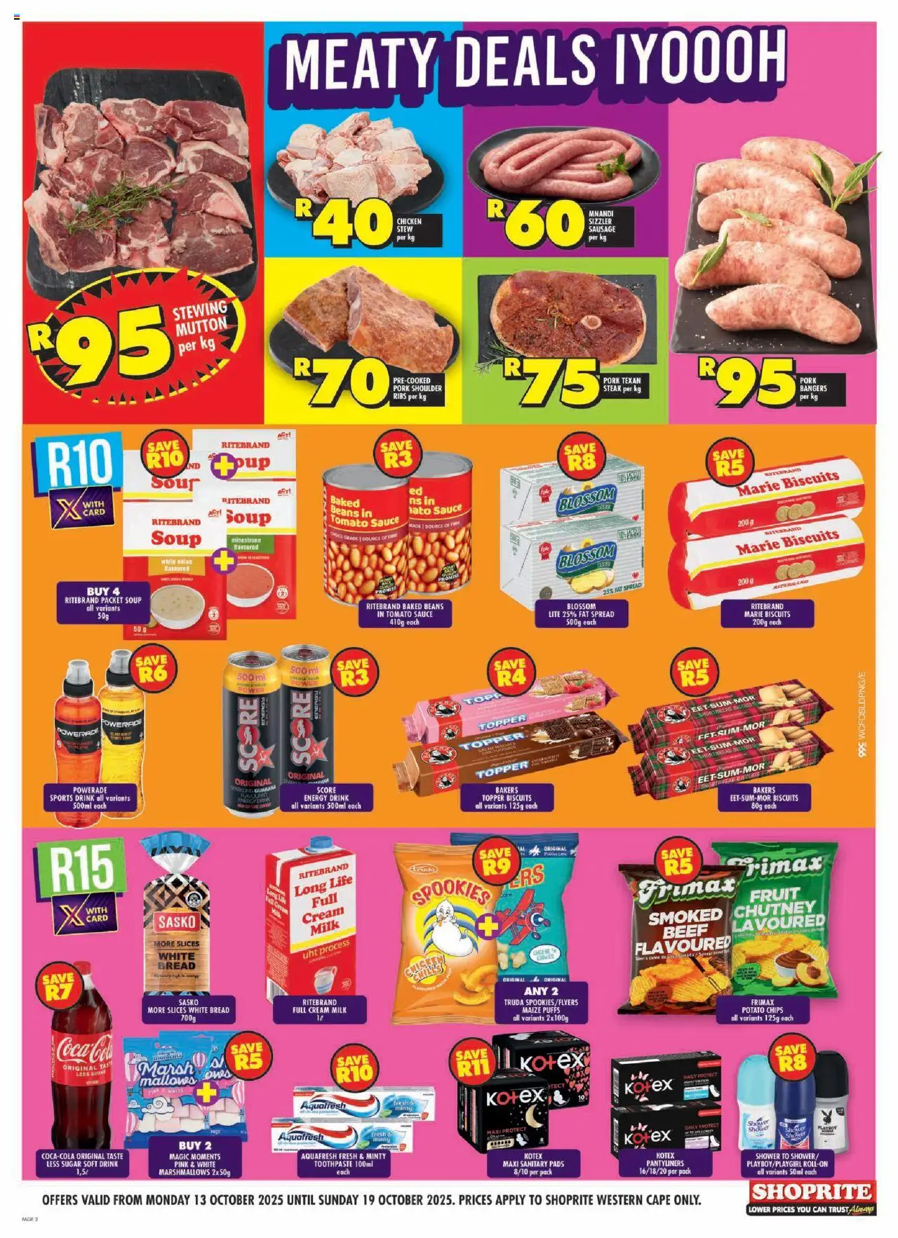 New Shoprite catalogue – valid from 13.10.2025 | Page: 2 | Products: Baked beans, Milk, Beef, Sausage