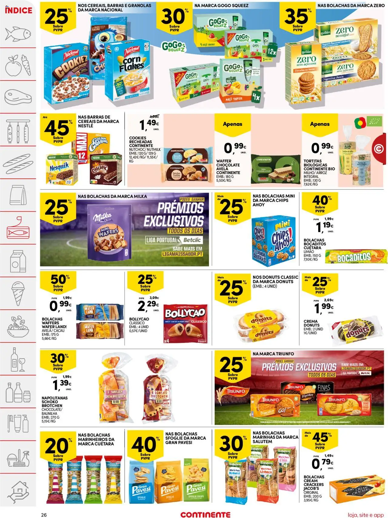 Continente folheto │ válido de 12.08.2025 | Página: 26 | Produtos: Barras de cereais, Bolachas, Maça, Chocolate