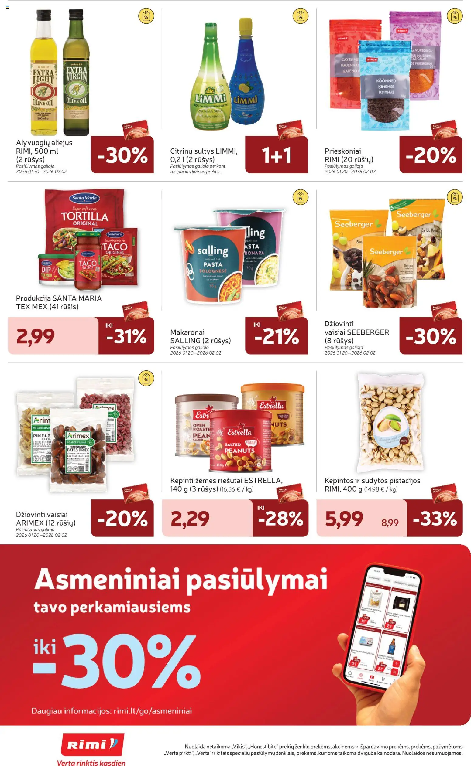 Rimi akcijos nuo 27.01.2026 | Puslapis: 22 | Prekių: Riešutai, Aliejus, Sultys, Makaronai