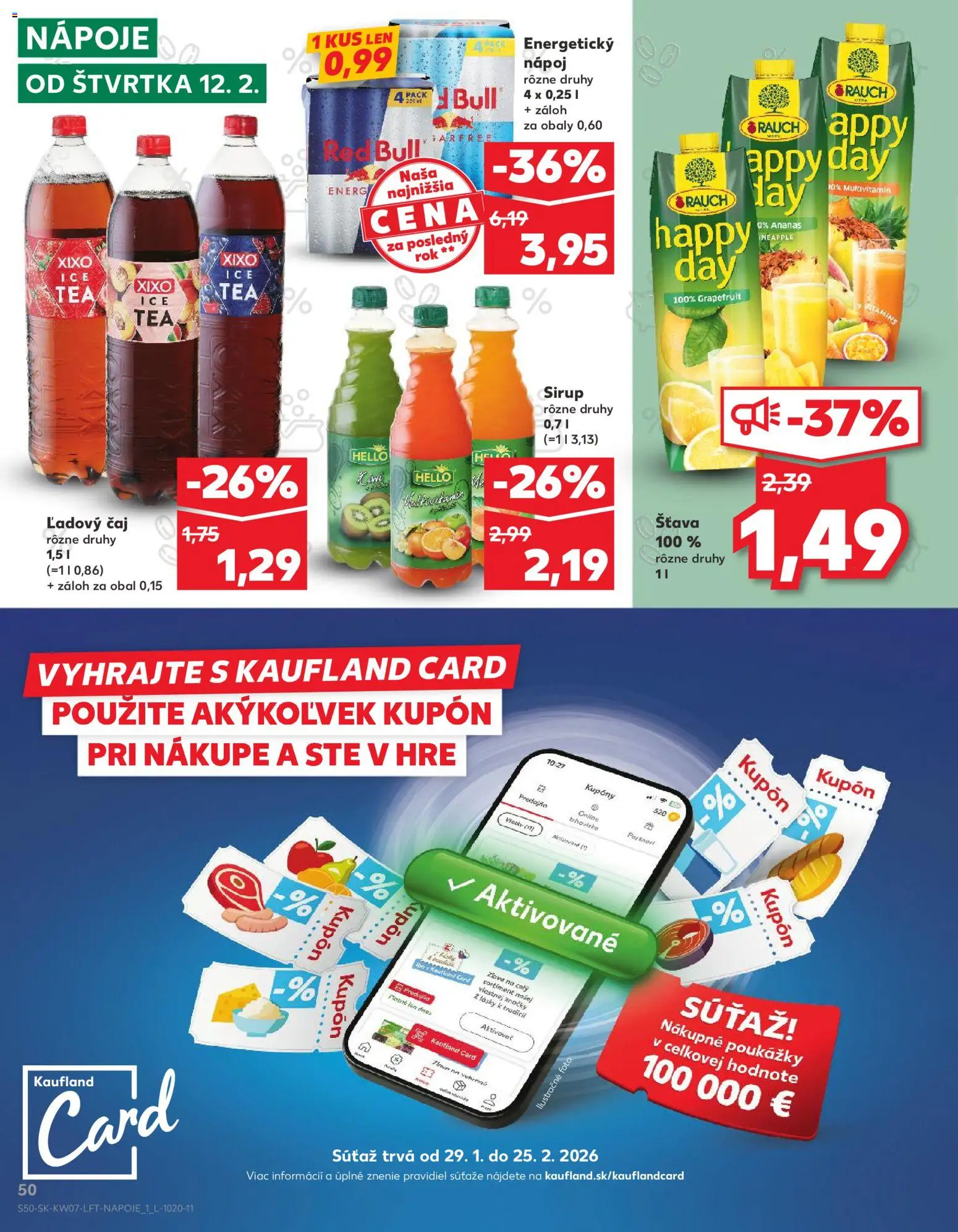 Nové Kaufland akcie – leták je platný od 12.02.2026 | Strana: 50 | Produkty: Čaj, Red Bull, Grapefruit, Energetický nápoj