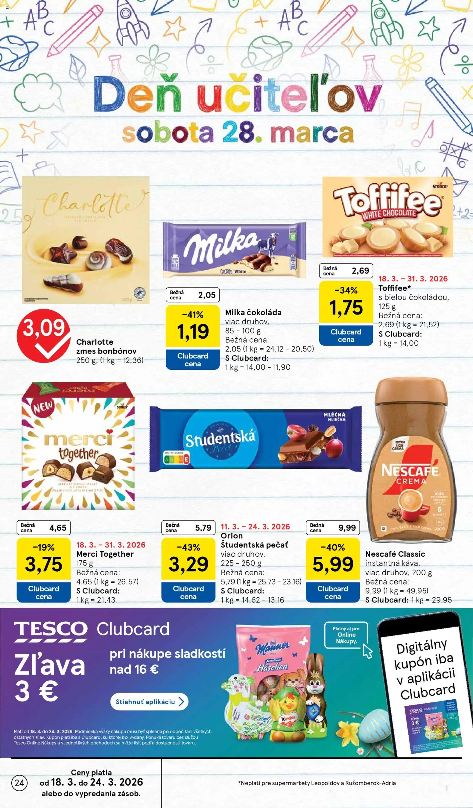 Nové Tesco akcie – leták je platný od 18.03.2026 | Strana: 24 | Produkty: Merci, Študentská pečať, Milka, Nescafé Classic