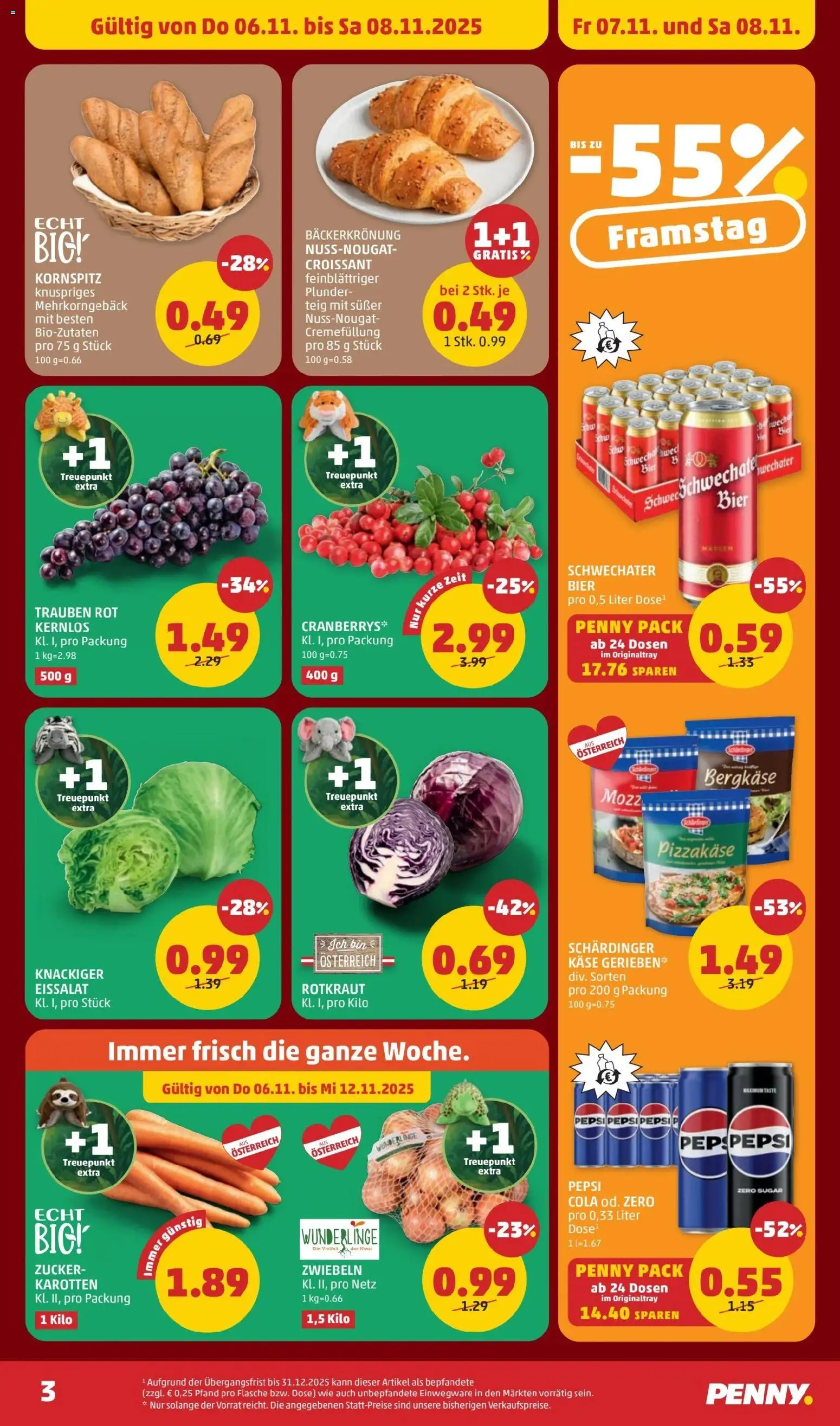 Penny Markt Flugblatt gültig ab 06.11.2025 | Seite: 3 | Produkte: Zwiebeln, Zucker, Käse, Bier