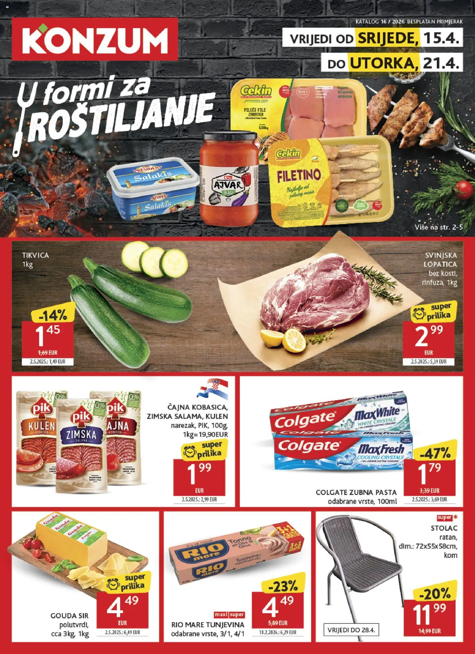 Konzum katalog | vrijedi od 15.04.2026 | Stranica: 1 | Proizvodi: Rio Mare, Kulen, Pasta, Gouda