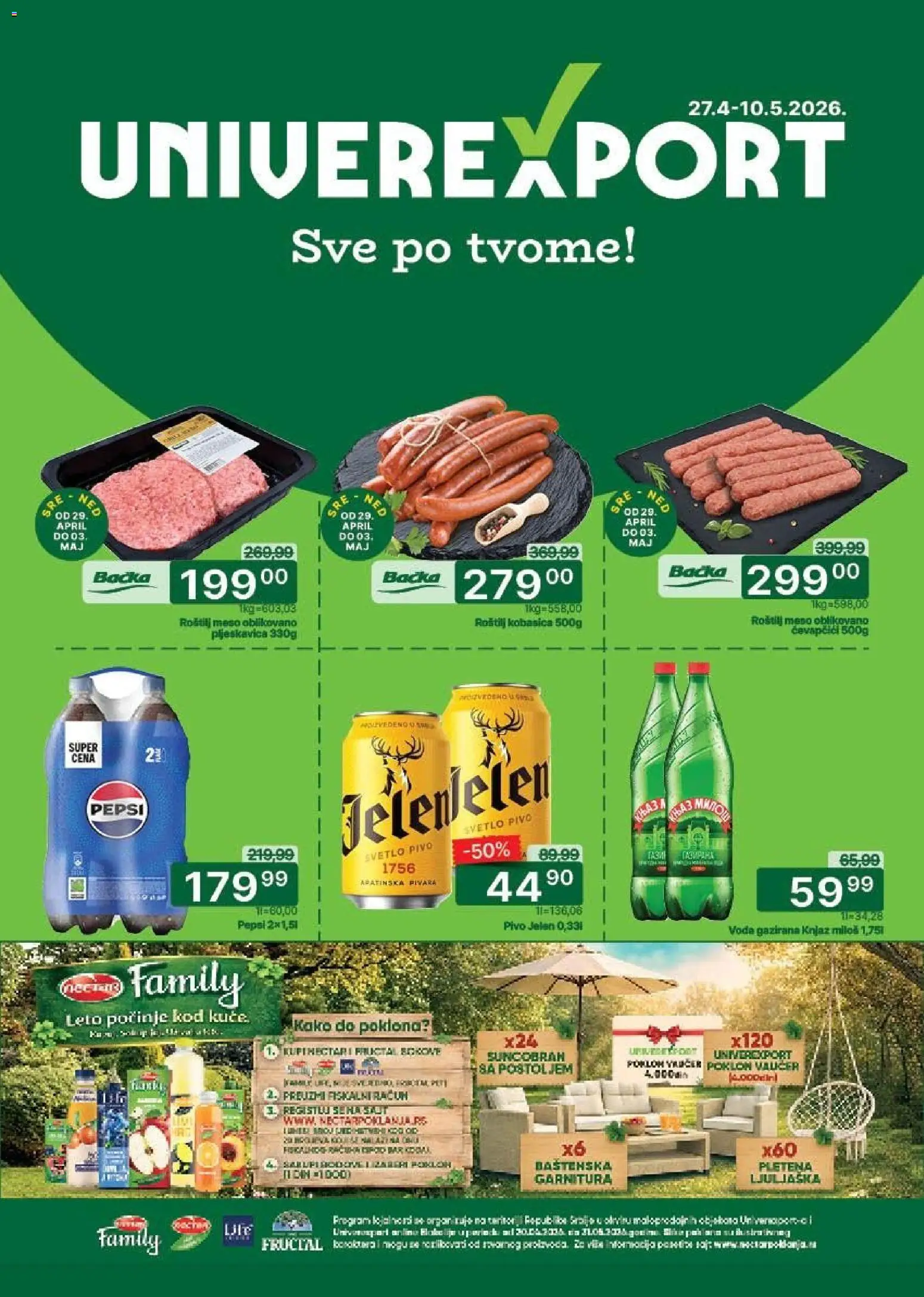 Univerexport katalog - važi od 27.04.2026 | Strana: 1 | Proizvode: Ljuljaška, Pivo, Pepsi, Roštilj meso
